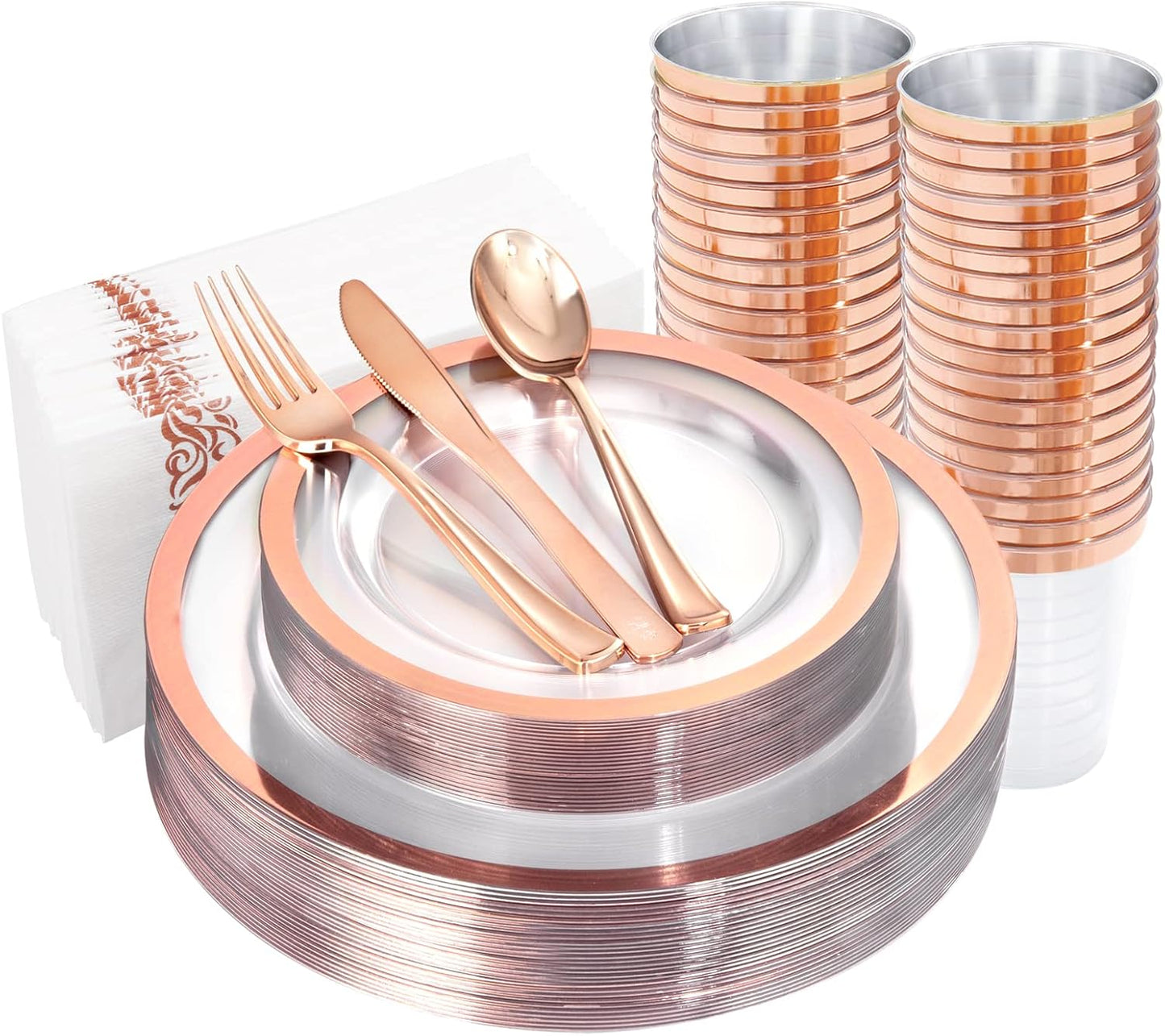 YOUBET 175PCS Rose Gold Plastic Plates - Clear Plastic Plates Disposable with Rose Gold Rim includes 50 Rose gold plates, 25Forks, 25Knives, 25Spoons, 25Cups, 25Napkins for Party & Wedding
