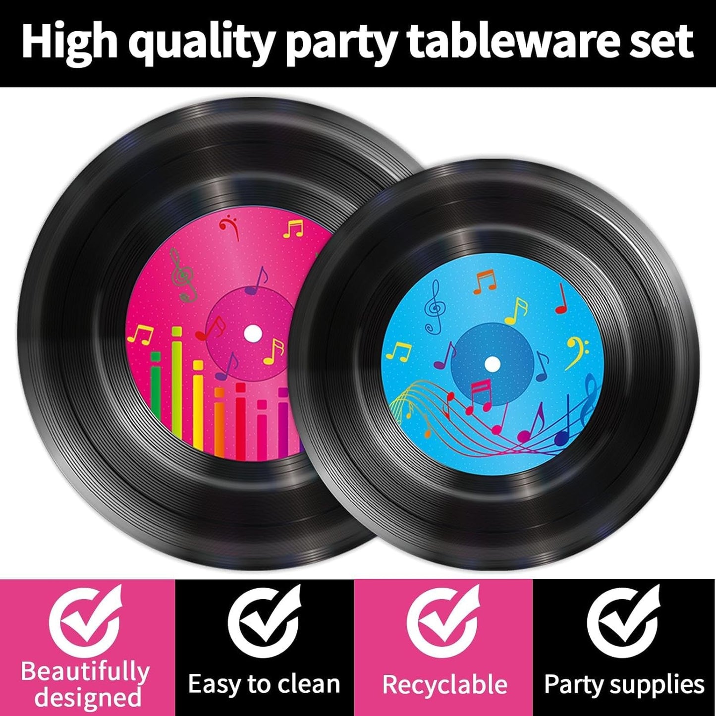 200 PCS Vinyl Record Tableware Disposable for 1950's Rock Music Party Supplies Back to 50s Rock Dinnerware Set Dessert Paper Plates Napkins Forks 50's Theme Party Retro Decorations Serve 50 guest