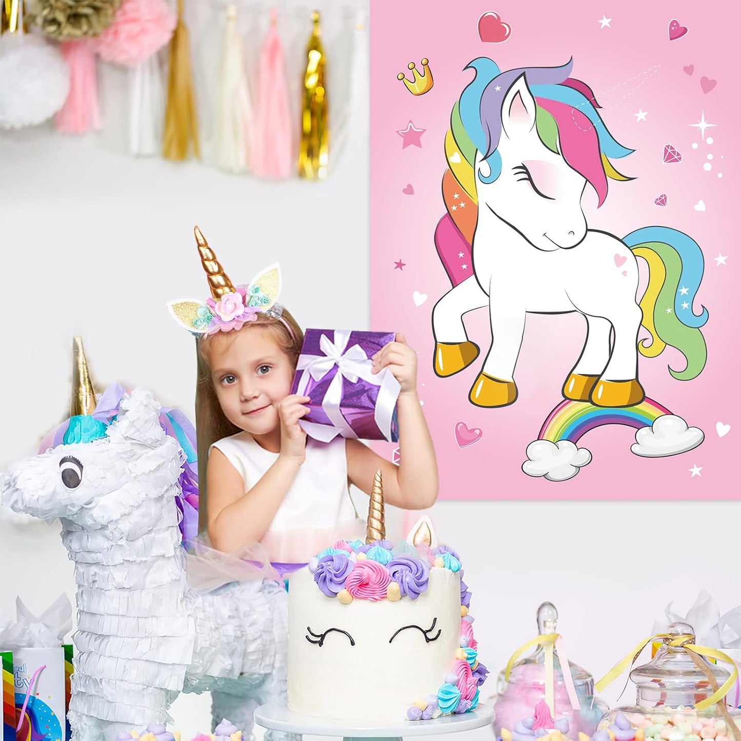 NEBURORA Pin The Horn on The Unicorn Birthday Party Game with 30 Horns for Party Supplies Favors Girls Rainbow Christmas Party Decorations Home Wall Decor