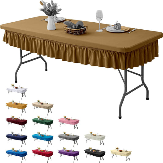 6ft Coffee Stretch Tablecloth for Rectangular Tables - Flared Wrap Design, Waterproof, Wrinkle-Resistant, Washable - Ideal for Weddings, Parties, Banquets & Table Protection