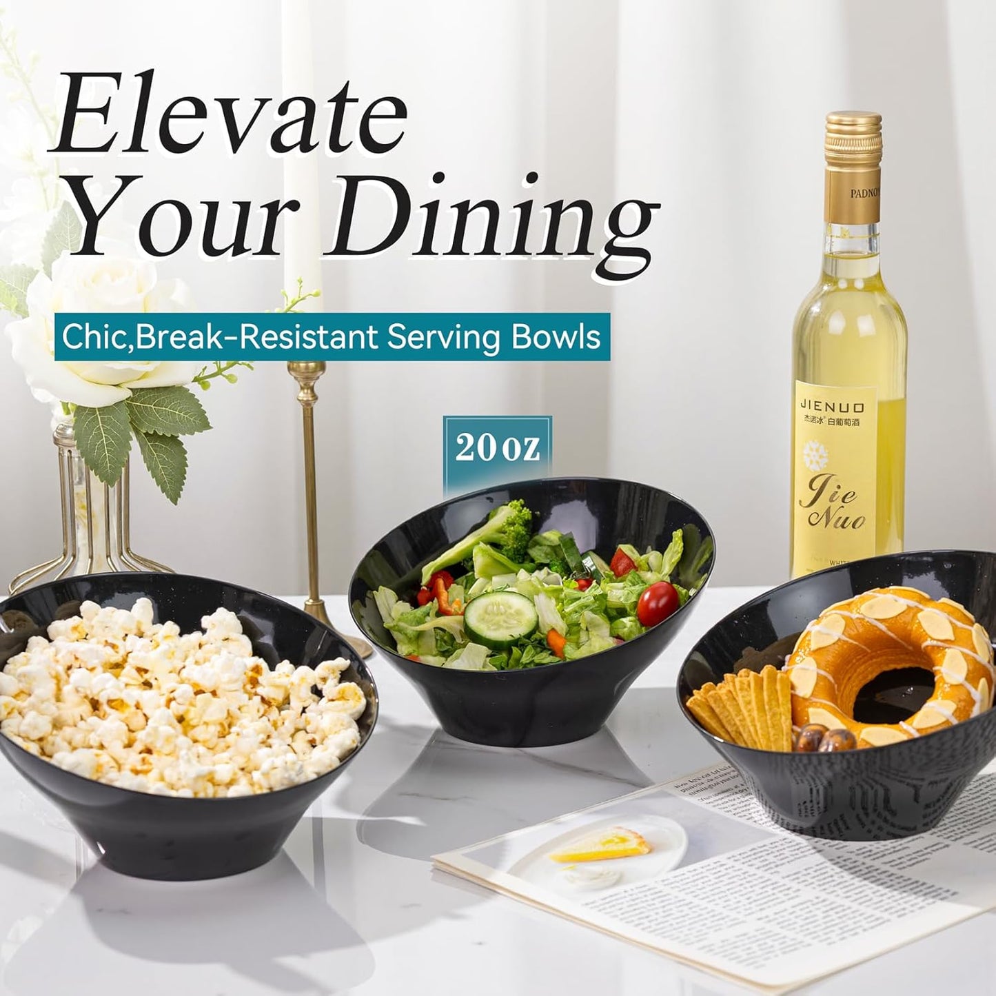 Liacere 16 Pack Black Plastic Bowls - Black Serving Bowls - 20 OZ Angled Bowl Disposable for Chip,Candy,Salad and Fruit - Ideal for Wedding & Party & New Year