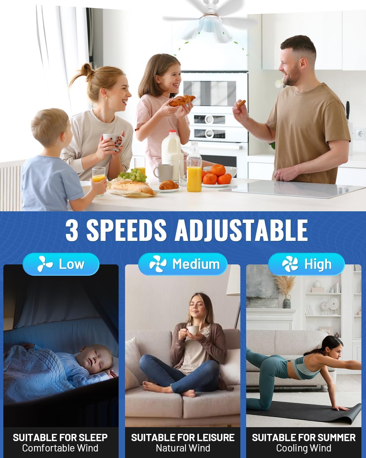 Socket Ceiling Fans with Lights and Remote, Dimmable LED Socket Fan Light, 3 Colors 3000K-6500K, 1700 Lumen, E26/27 Light Bulb Screw in Ceiling Fan for Bedroom, Kitchen, Living Room, Garage