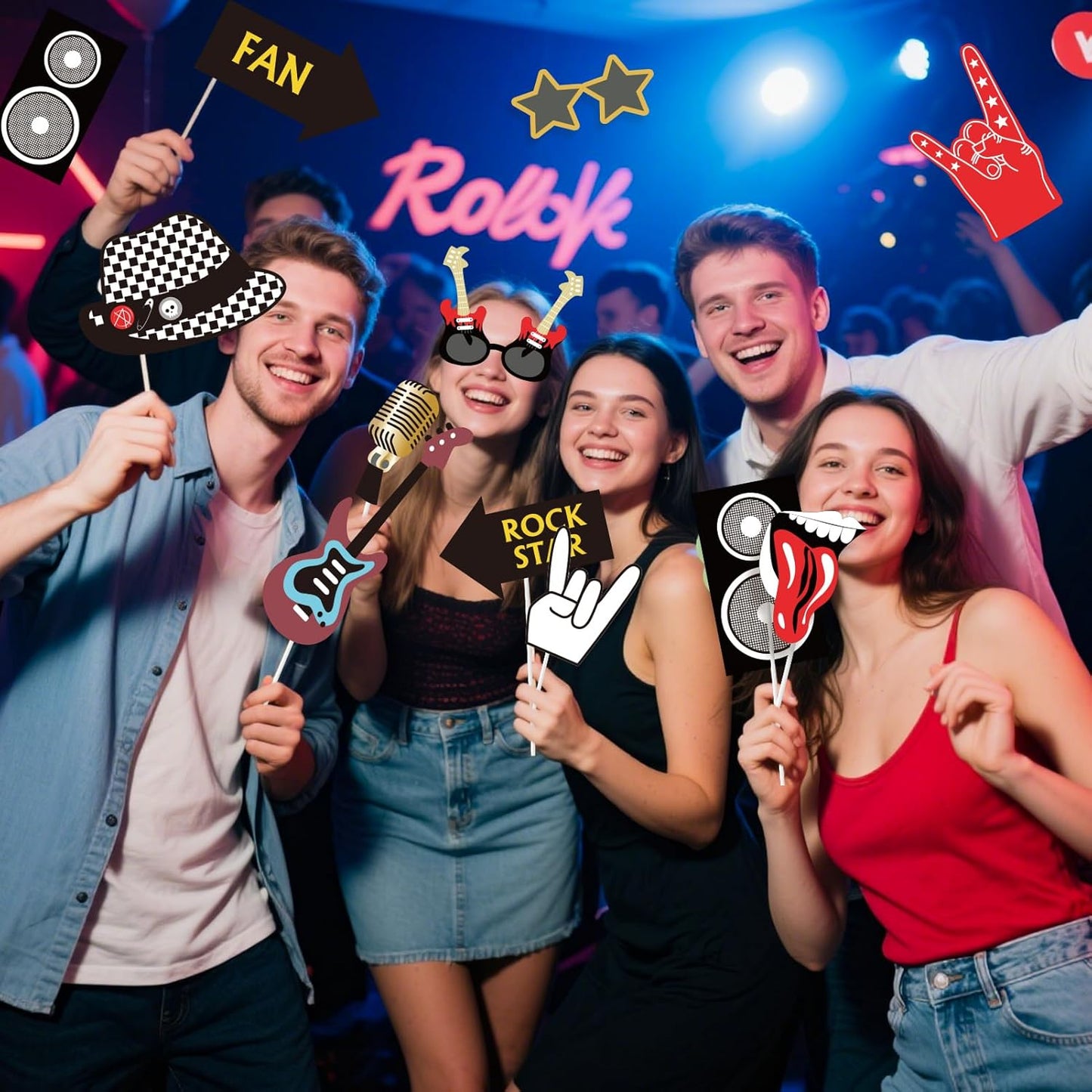 SUNBEAUTY 18 Pcs Rock and Roll Birthday Party Decorations Music Note Guitar Star Photo Booth Props Music Theme Party Supplies