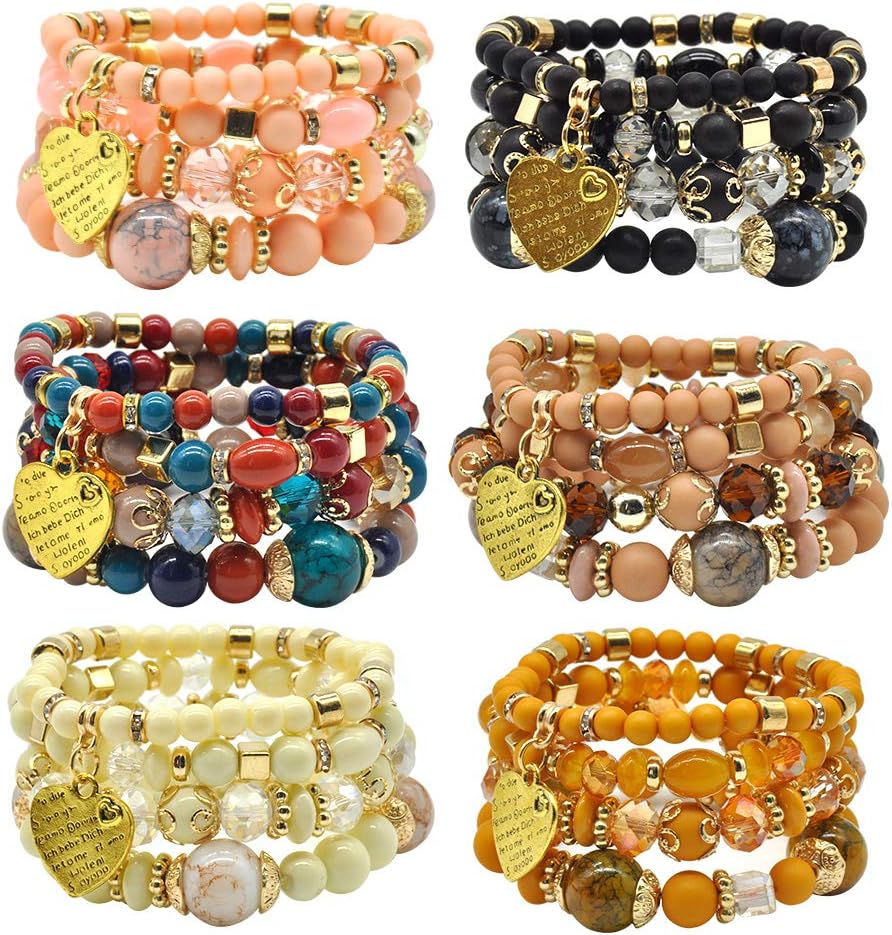 Bohemian Bracelet Sets for Women - 6 Sets Stackable Stretch Bracelets Multi-color Boho Jewelry for Women Hippie Bracelets Dainty Jewelry