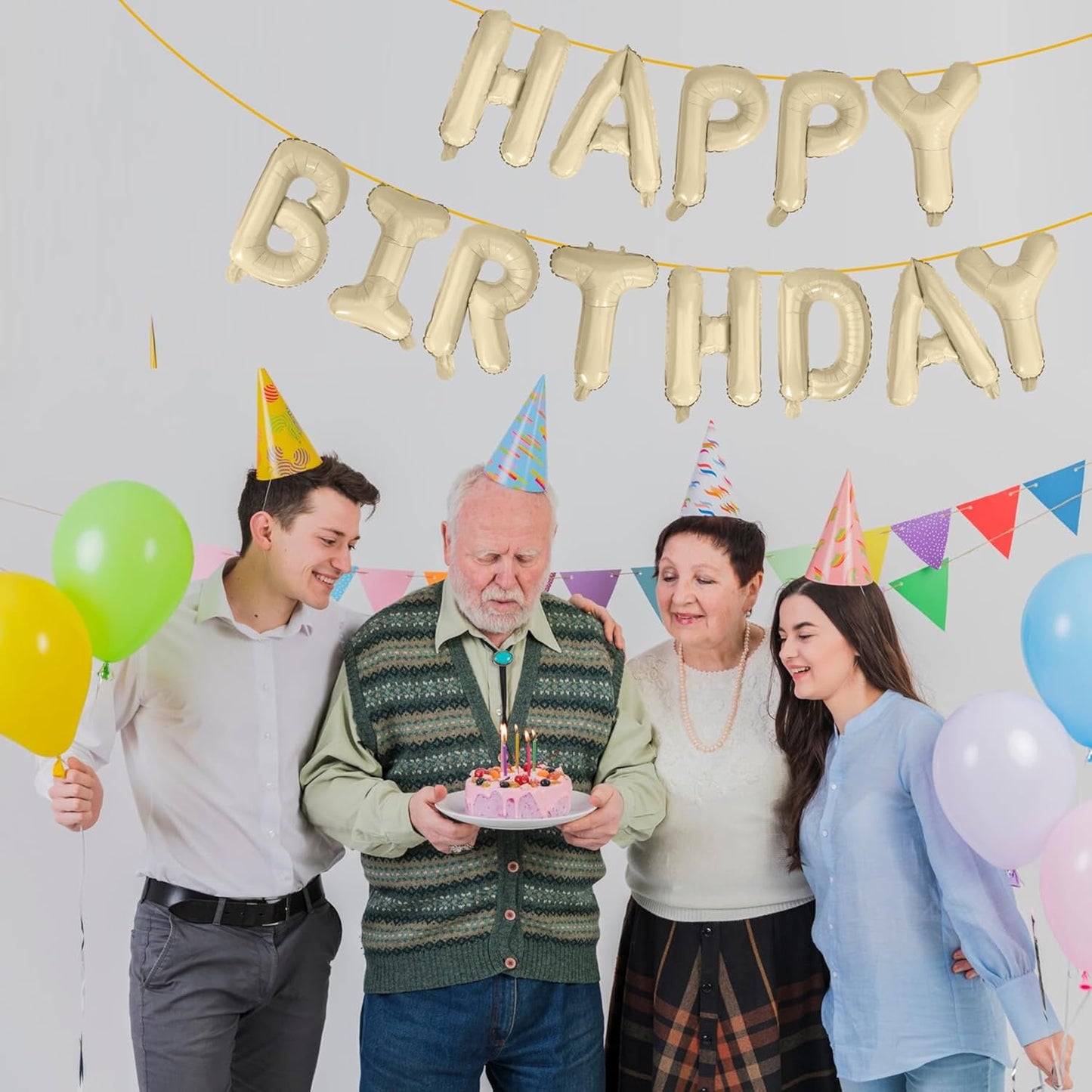 LIOZEOKUN Happy Birthday Balloon Letters 16 inch Mylar Foil Birthday Balloons Banner Sign for Birthday Party Decorations Supplies (Cream)