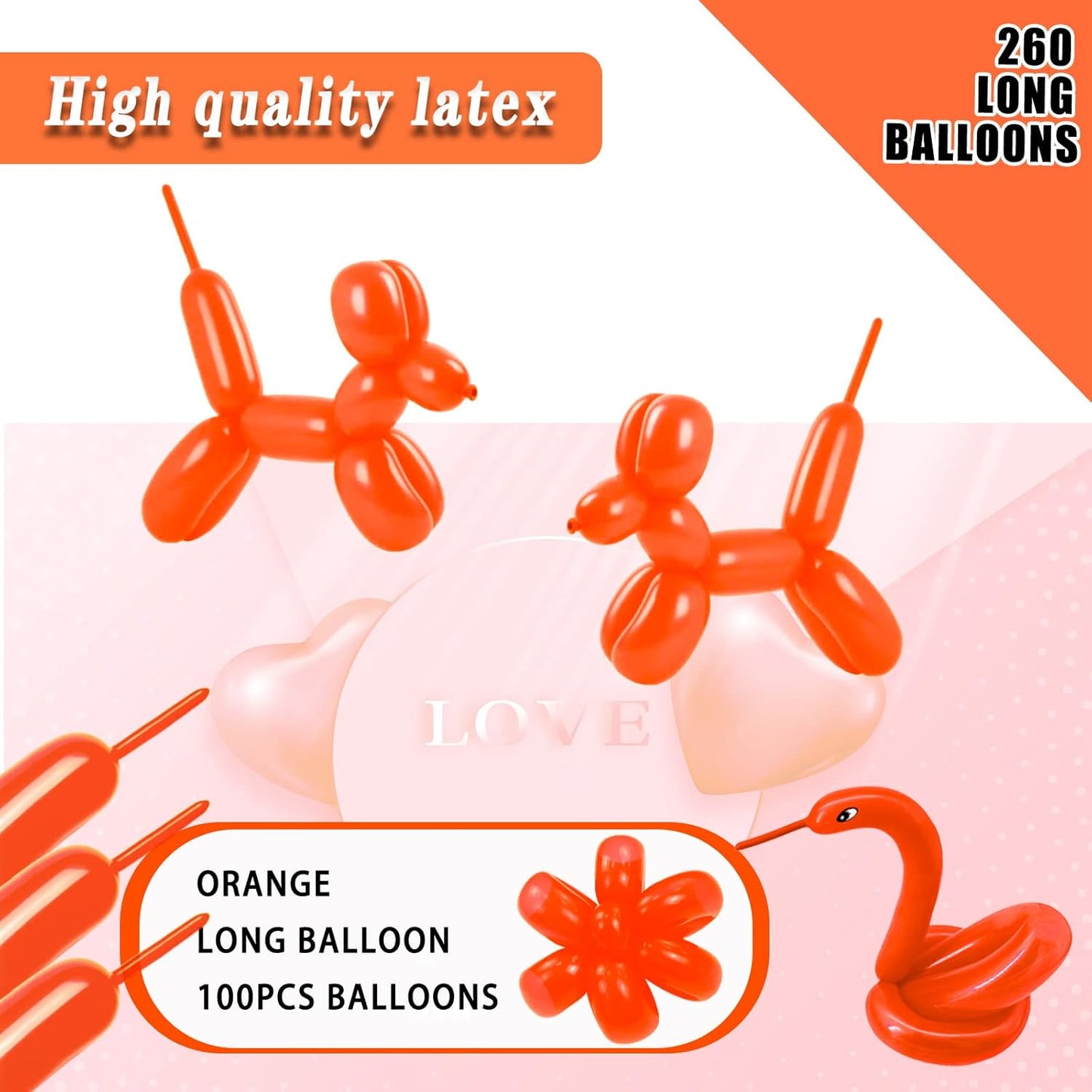 260 Long Balloons 100 Pack Orange Twisting Animal Balloons Thickening Latex Modeling Long Magic Balloons for Animal Model Weddings Birthdays Festival Party Decorations