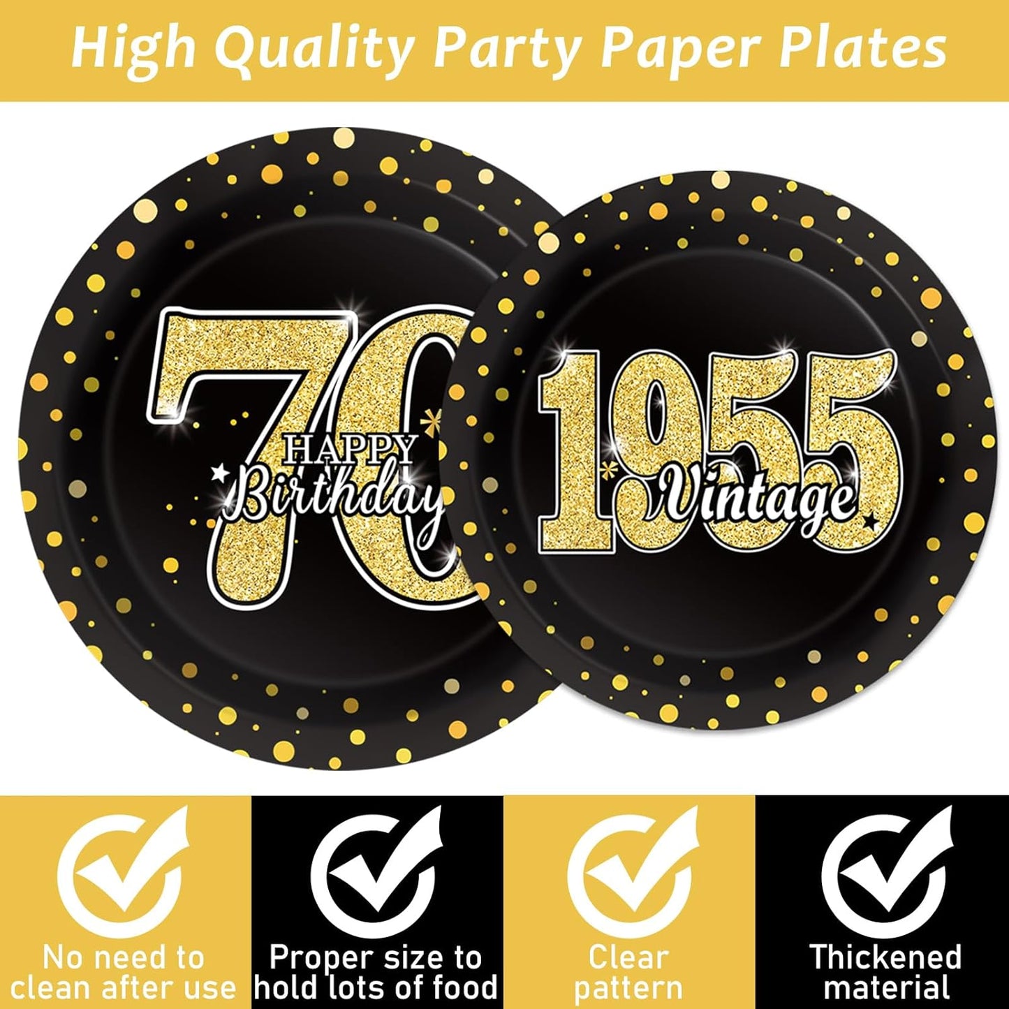 200PCS 70th Theme Birthday Party Tableware Vintage 1955 Party Supplies 70 year old Birthday Party Decorations Plates Napkins Forks Black and Gold Dinnerware Favors for Men or Women
