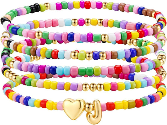 M MOOHAM Stocking Stuffers for Kids Girls Teen - 5PCS Colorful Beaded Initial Bracelets for Women Girls, Cute Stretch Heart Letter Bohemian Stackable Bracelet Birthday Gifts Jewelry for Kids Teen Girl