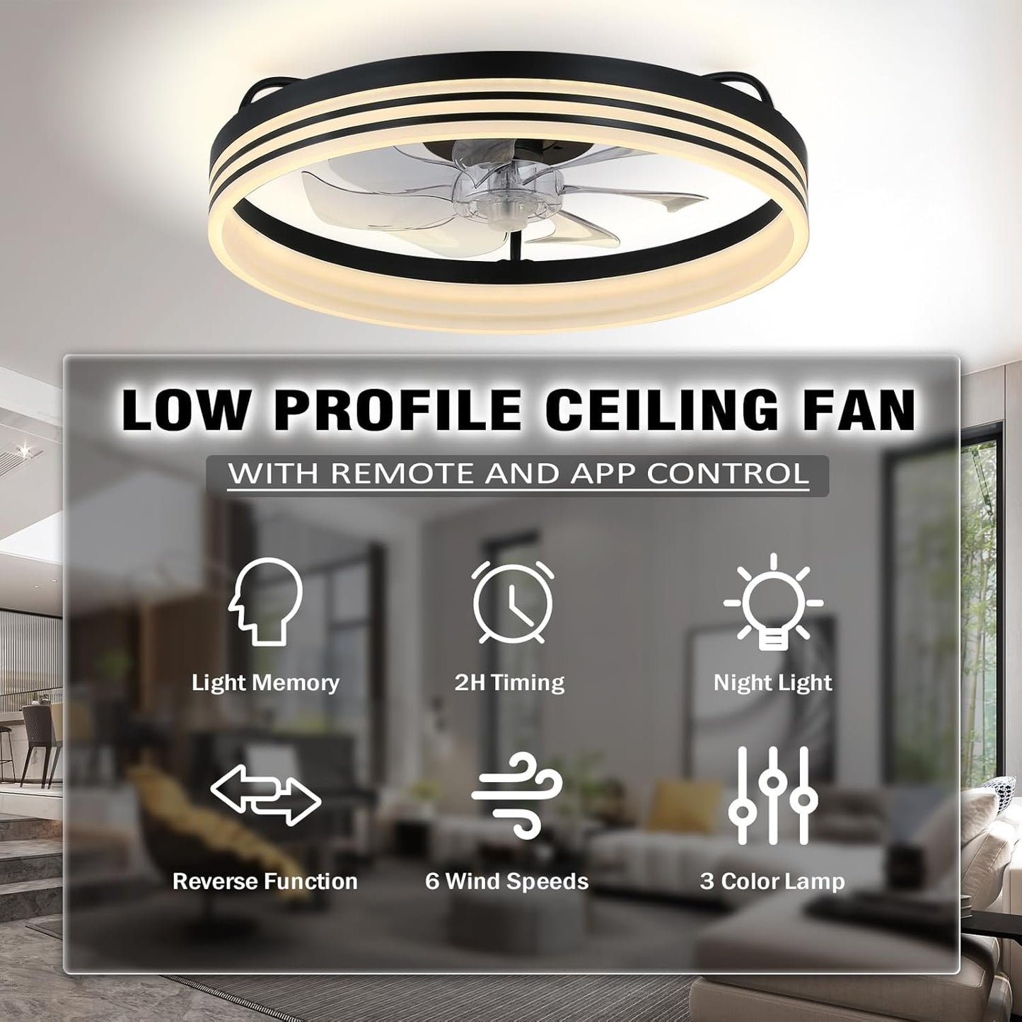 Ceiling Fans with Lights and Remote 20'' Flush Mount Ceiling Fan Dimmable Fandelier LED Fan Light Low Profile Ceiling Fan with 6 Speeds for Bedroom Kitchen and Living Room(Black)