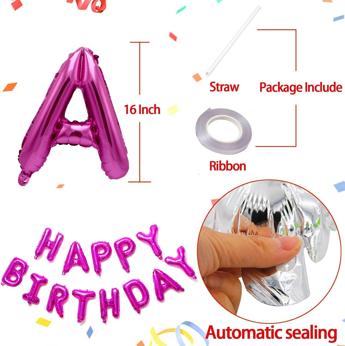 KALOR Hot Pink Happy Birthday Balloons Banner,16 Inch Mylar Foil Letters Sign Banner for Women & Girls Birthday Decorations for Photo Backdrop