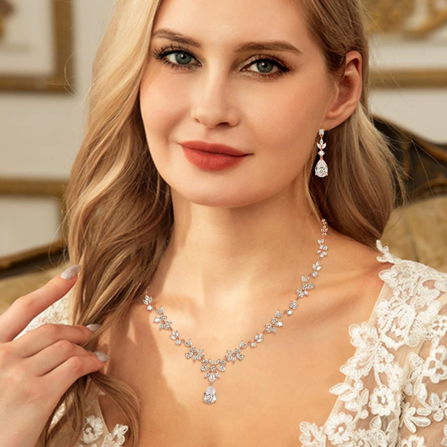 EVER FAITH Bridal Jewelry Set for Bride Bridesmaid, Flower Leaf Teardrop Cubic Zirconia Necklace Dangle Earrings Bracelet Sets Wedding Party for Women