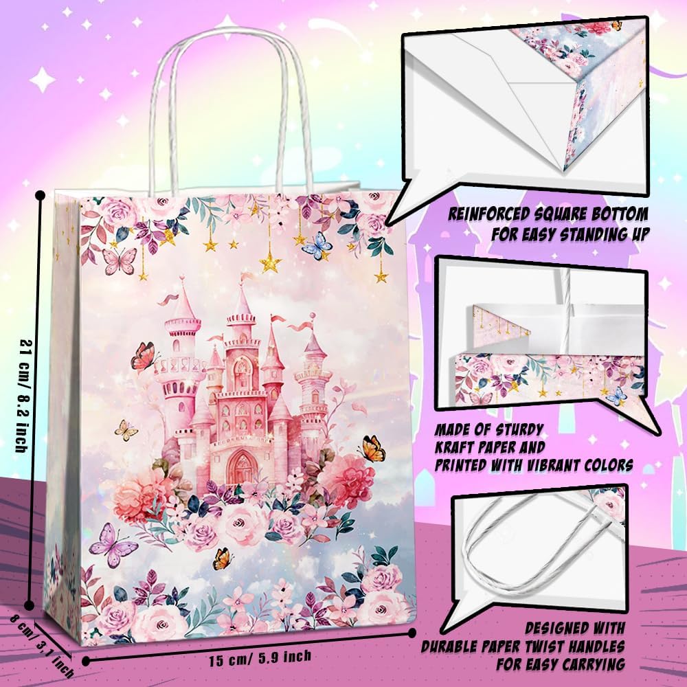 24 Pcs Princess Prince Party Favor Bags with Handles - Prince Princess Castle Goodie Gift Candy Treat Paper Bags for Birthday Gender Reveal Baby Shower Party