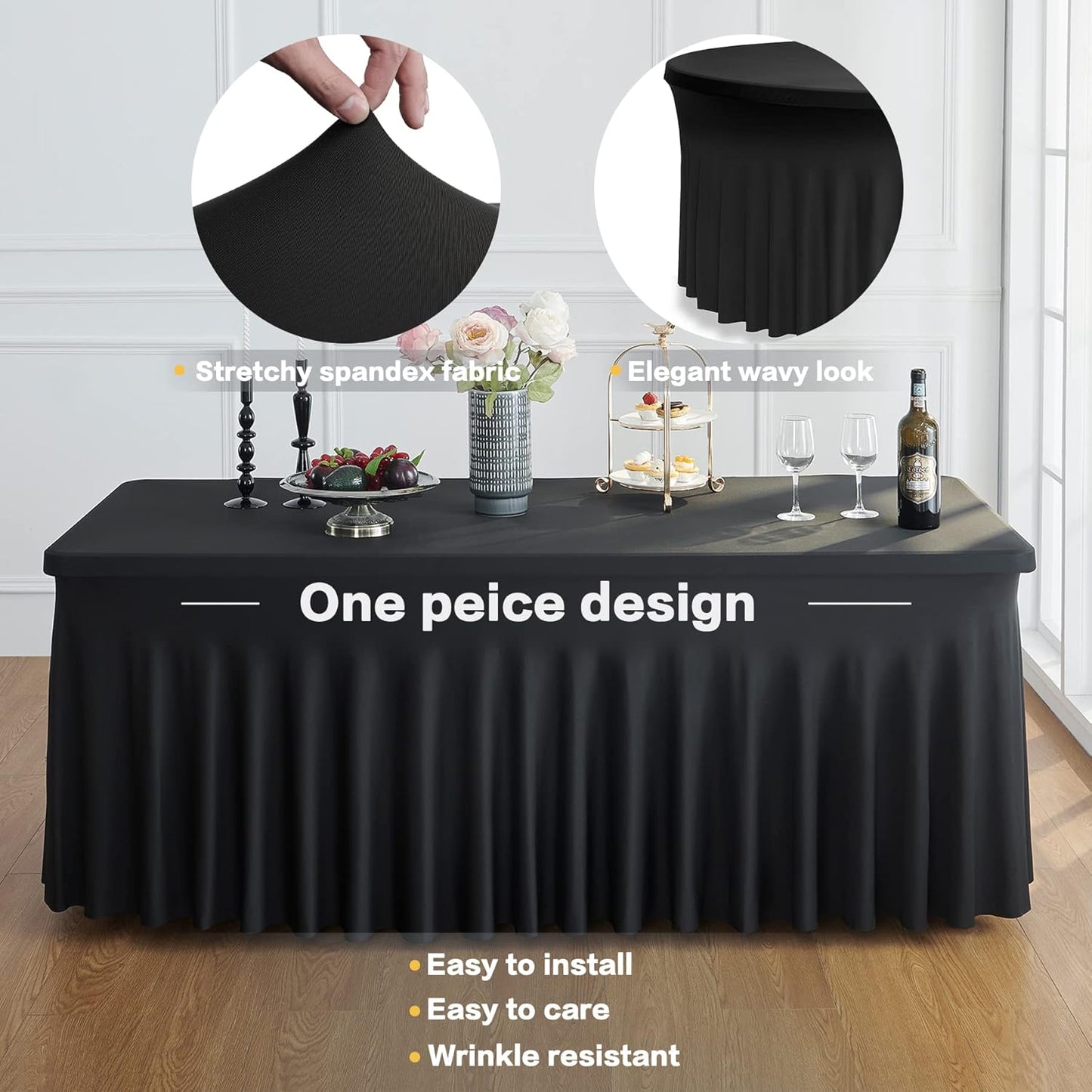 2 Pack Black Spandex Tablecloths for 4 ft Rectangle Tables, Wrinkle Free Fitted Table Covers 4 Foot StretchyTable Cloth with Skirt for Parties Weddings Birthday Banquet Baby Shower