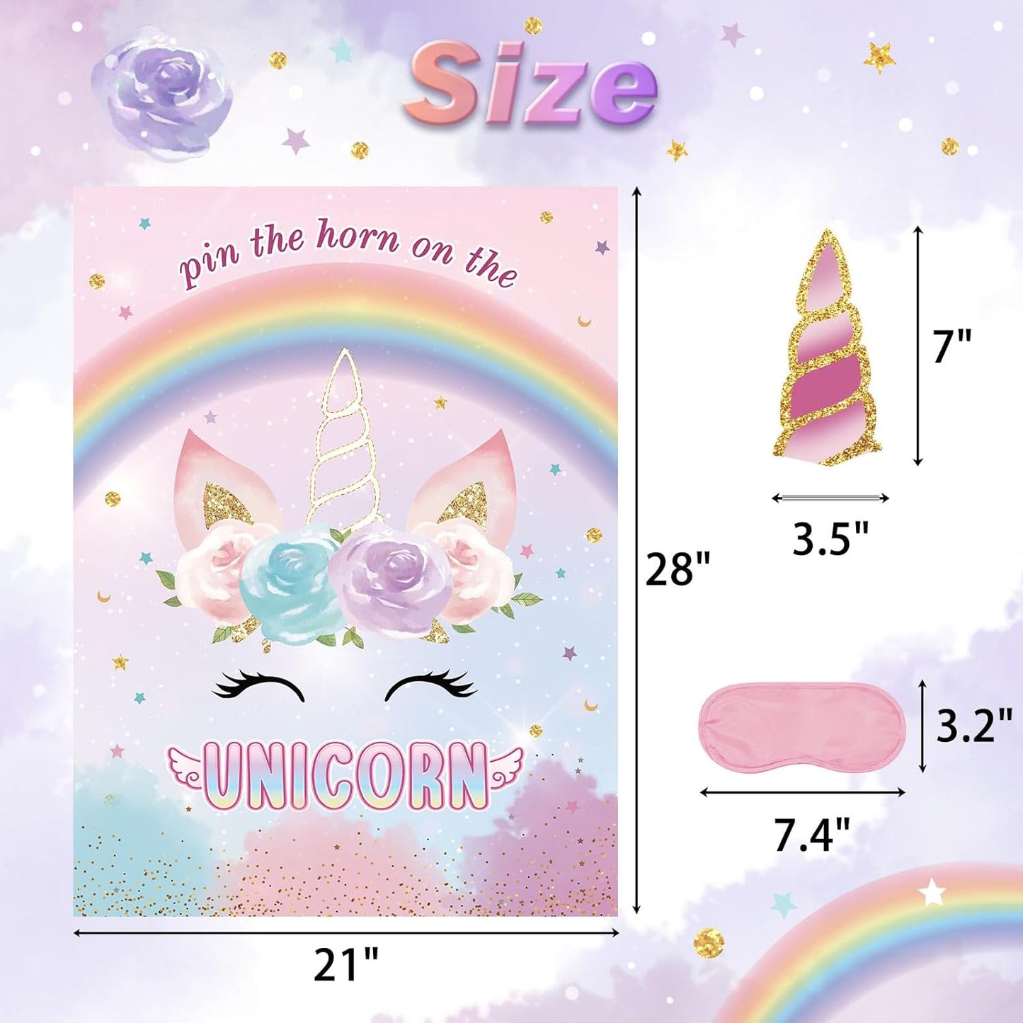 Pin The Horn on The Unicorns Party Game with 24 PCS Horn and Eye Mask for Kids Girls Birthday 21'' x 28'' (Unicorns)