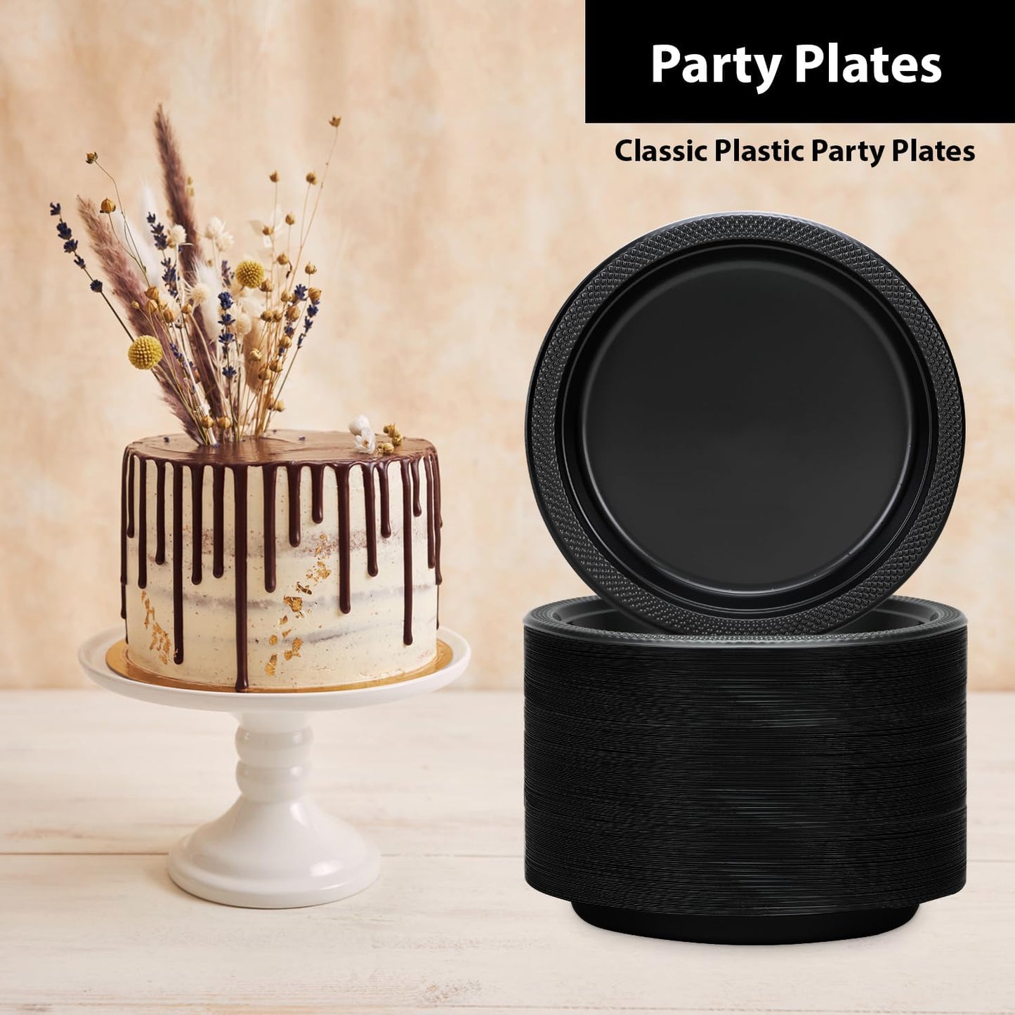 Hanna K. Signature Collection Black Plastic Plates 7 Inch - 600 count Solid Round Party For Weddings, BBQs, Birthday Disposable Dessert (81070 (case))