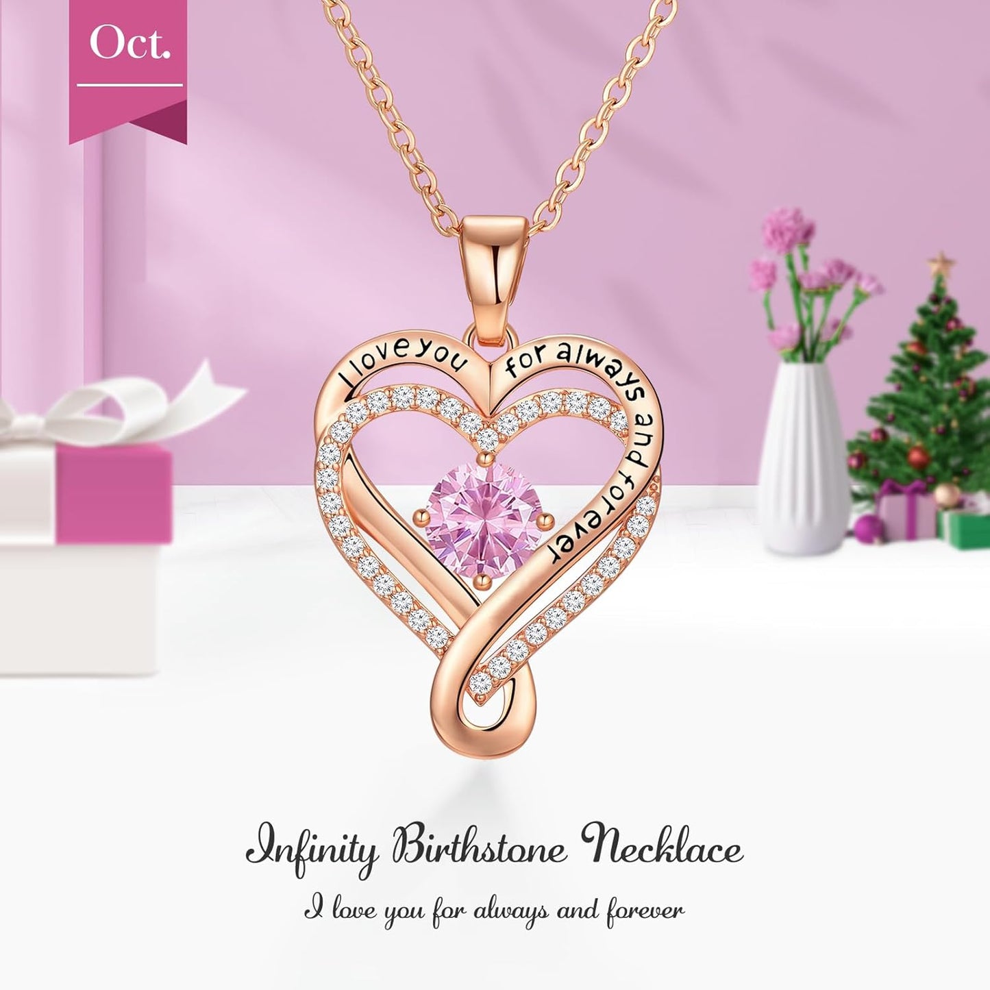 18K Rose Gold Infinity Love Heart Birthstone Necklace for Women Wife, Anniversary for Women Wife Birthday Gift for Her Girlfriend Mom Daughters, I Love You Women's Jewelry S925 Sterling Silver