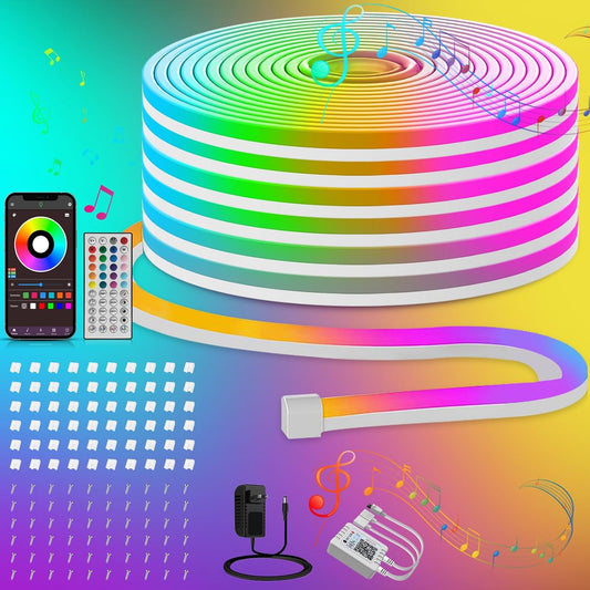 100ft RGB LED Neon Rope Lights with App, Remote Control, IP65 Waterproof Neon Light Strip Outdoor Indoor, DIY Design Flexible Led Strip Lights for Bedroom Essentials, Gaming Accessories