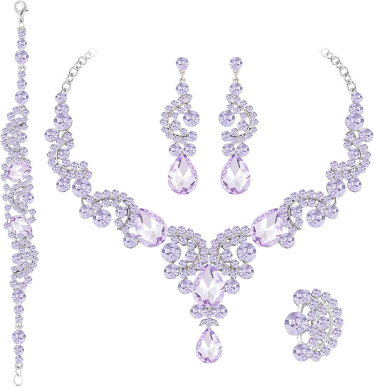 Crystal Bridal Wedding Jewelry Sets for Women Rhinestone Teardrop Crystal Statement Choker Necklace Drop Earrings Link Bracelets Rings Teardrop Jewelry Set for Brides Bridesmaids
