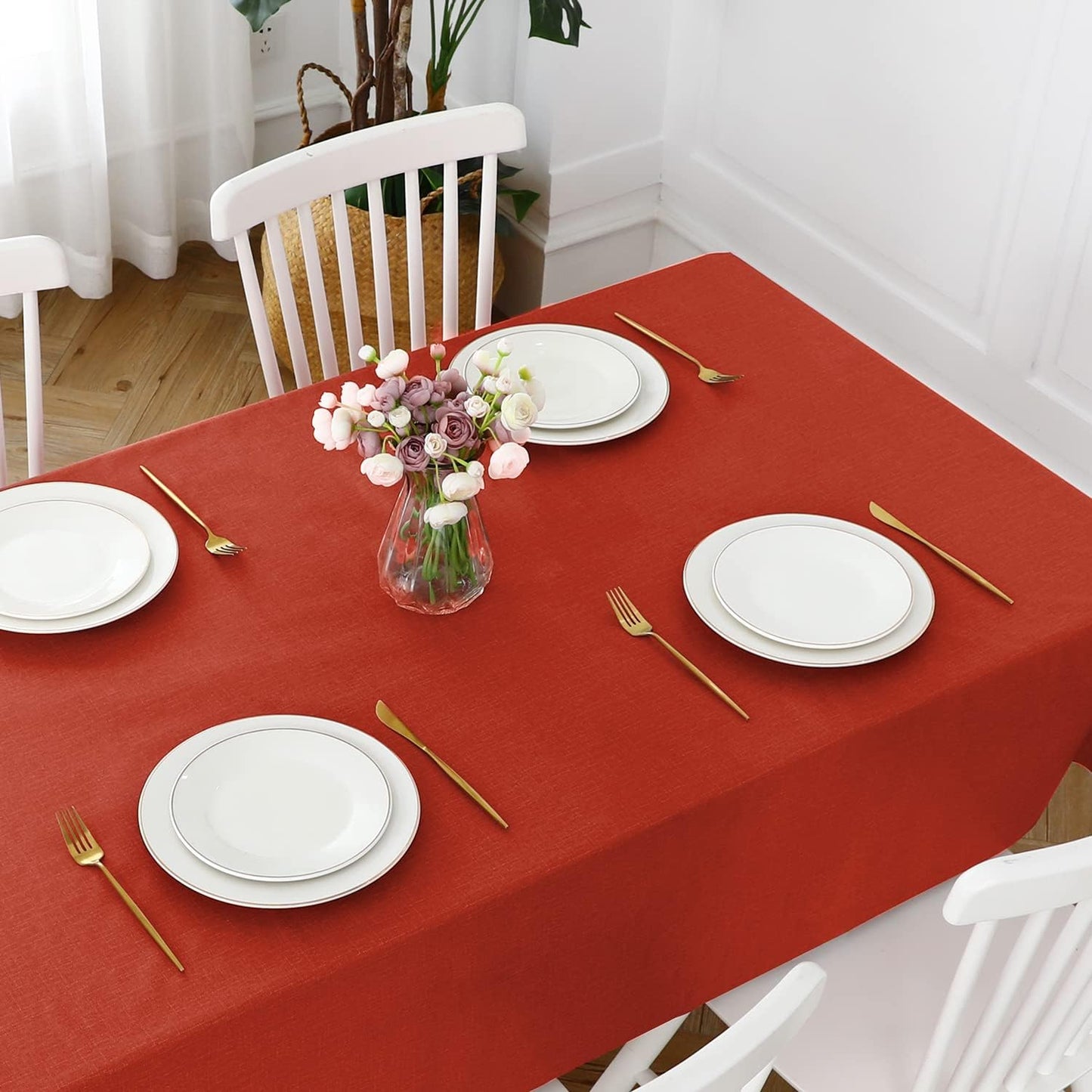 Romanstile Christmas 100% Waterproof PVC Tablecloth, Rectangle Oil Spill Proof Stain Resistant Vinyl Table Cloth, Wipe Clean Plastic Table Covers for Kitchen/Dining/Parties - 54 x 120 Inch, Red