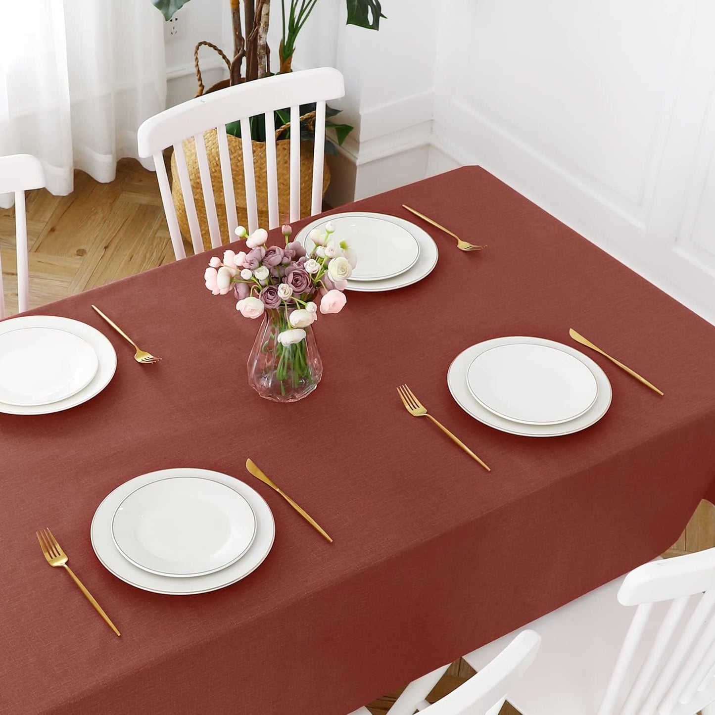 Romanstile Christmas 100% Waterproof PVC Tablecloth, Square Oil Spill Proof Stain Resistant Vinyl Table Cloth, Wipe Clean Plastic Table Covers for Kitchen/Dining/Parties - 54 x 54 Inch, Rust Red