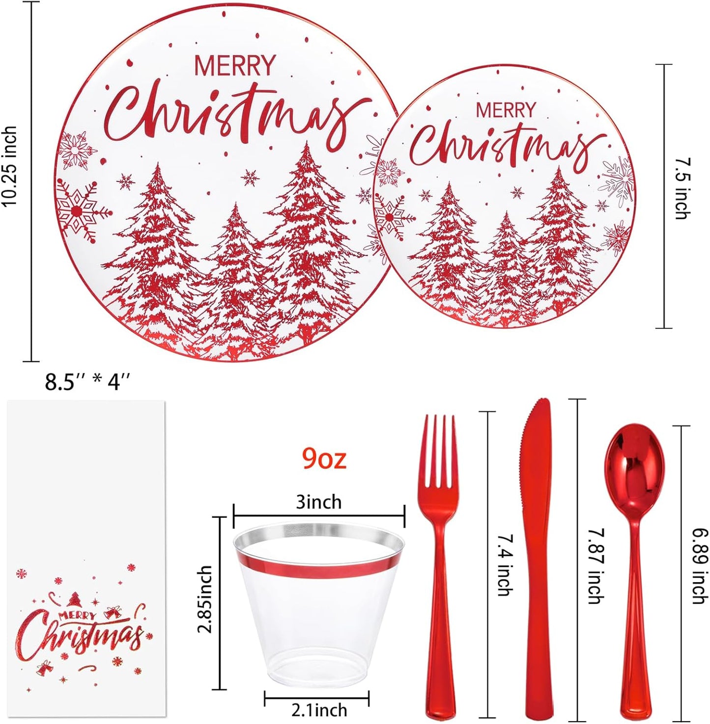 Rubtlamp 175 Pcs Christmas Plastic Plates And Napkins, Christmas Plates Disposable, White And Red Plastic Dinnerware Include 25Dessert Platos, 25Dinner Platos, 75 plastic cultery, 25Cups, 25Napkins