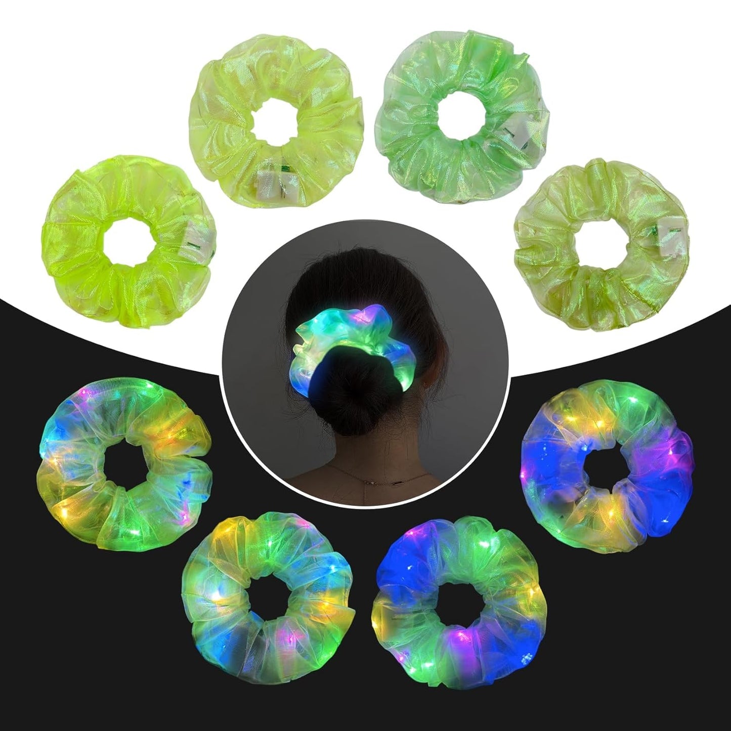 4Pcs Light Up Scrunchies Christmas Hair Tie, St Patricks Day Green LED Scrunchy Hair Elastic for Women & Girls, Glow in the Dark Party Supplies Party Favor Festival Rave Accessories