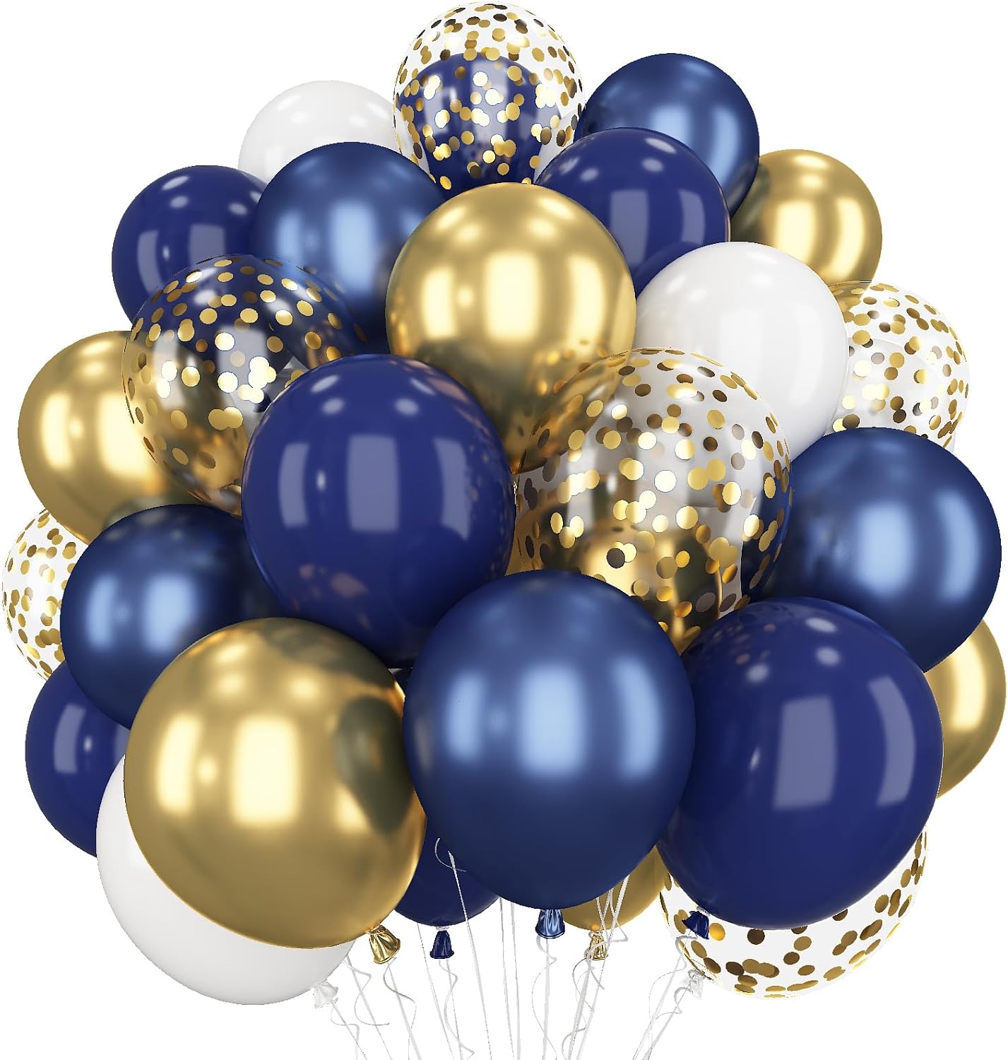 Navy Blue and Gold Balloons, 60 Packs 12 inch Navy Blue and Metallic Chrome Gold Confetti Balloons with Ribbons for Birthday, Baby Shower, Graduation, Eid Ramadan Decoration
