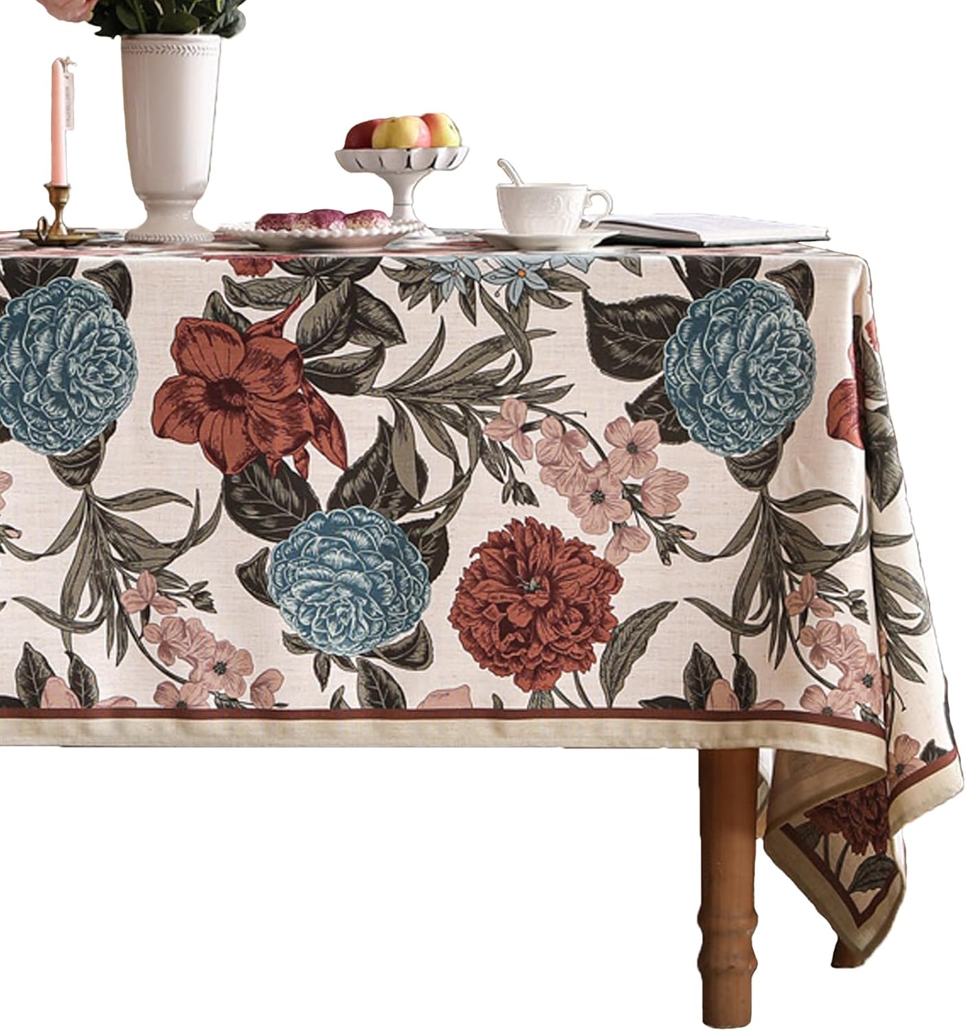 French Linen Tablecloth for Rectangle Table,Red and Blue Floral Durable Extra Long Tablecloths,Decor Table Cover for Kitchen,Dining,Thanksgiving,Christmas,63"*110"-Burgundyred