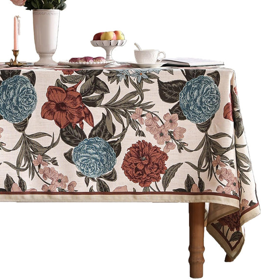 Designer French Linen Tablecloth for Rectangle Table,Red and Blue Floral Rustic Durable Tablecloths,Decor Table Cover for Kitchen,Dining,Thanksgiving,Christmas,55"*87"-Burgundyred