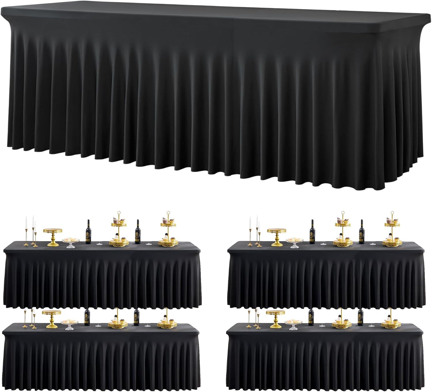 4 Pack Black Spandex Tablecloths for 8 Foot Rectangle Tables, Wrinkle Free Stretchy Table Cloth 8ft Fitted Tablecover Skirt for Parties Weddings Birthday Banquet Baby Shower