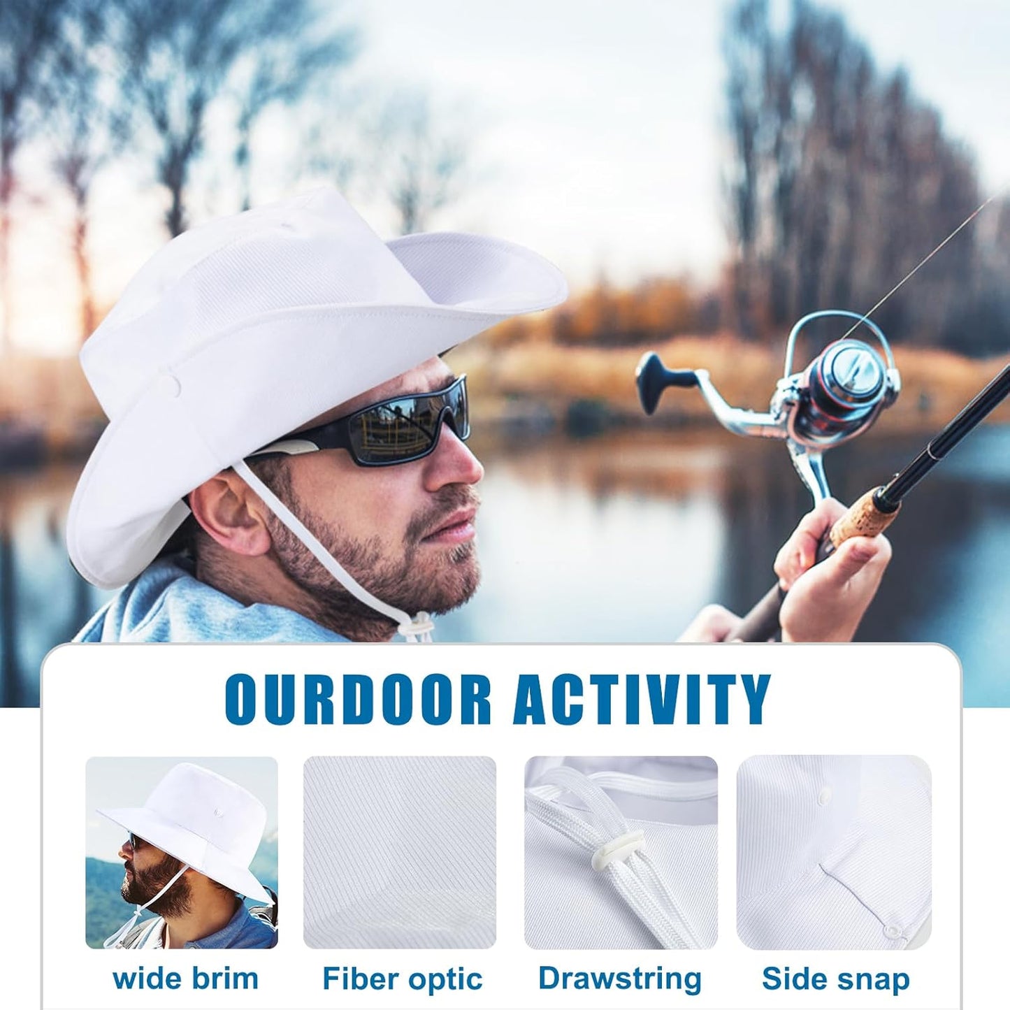 LED Bucket Hat, 7 Colors Rave LED Hats for Men Women Rechargeable Light up LED Cowboy Hat Wide Brim Neon Outfit for Party (White)