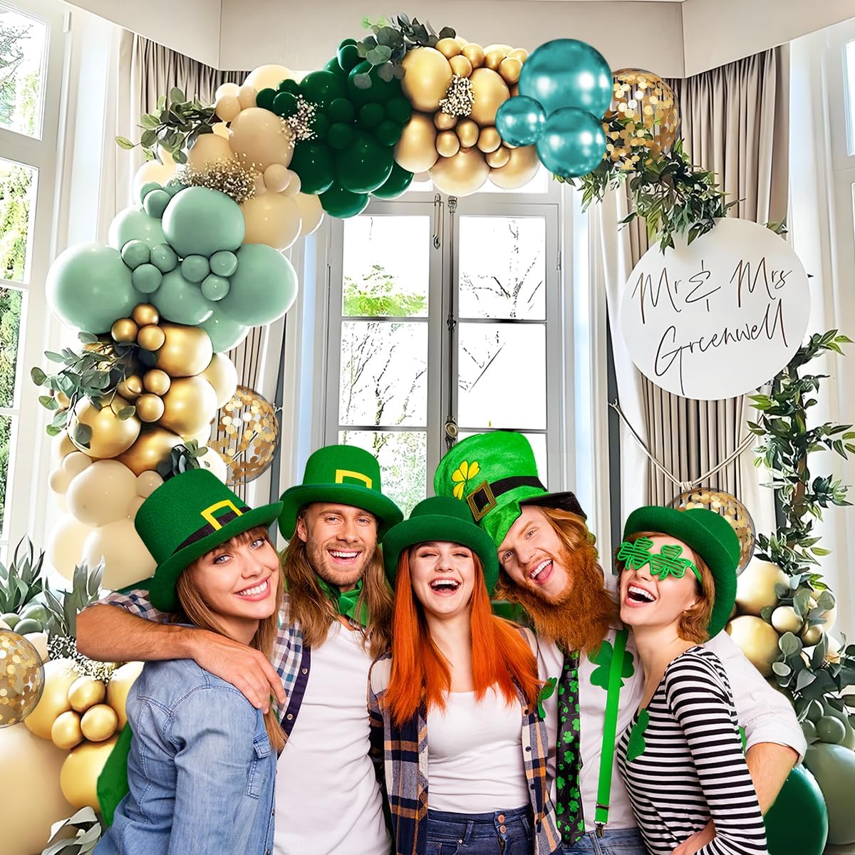 Green Gold White Balloon Arch Kit, 147PCS Dark Green Ivory Gold Metallic Pastel Green Balloons Garland for Birthday Wedding Baby Bridal Shower Party Decorations