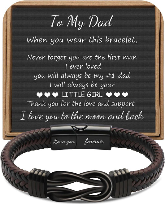 𝗞𝗻𝗼𝘁 𝗕𝗿𝗮𝗰𝗲𝗹𝗲𝘁 𝗚𝗶𝗳𝘁𝘀 𝗳𝗼𝗿 𝗠𝗲𝗻 Brown Braided Leather Stainless Steel Infinity Bracelets Lettering Love You Forever Gifts for Son Grandson Husband Boyfriend Brother Always Linked Together