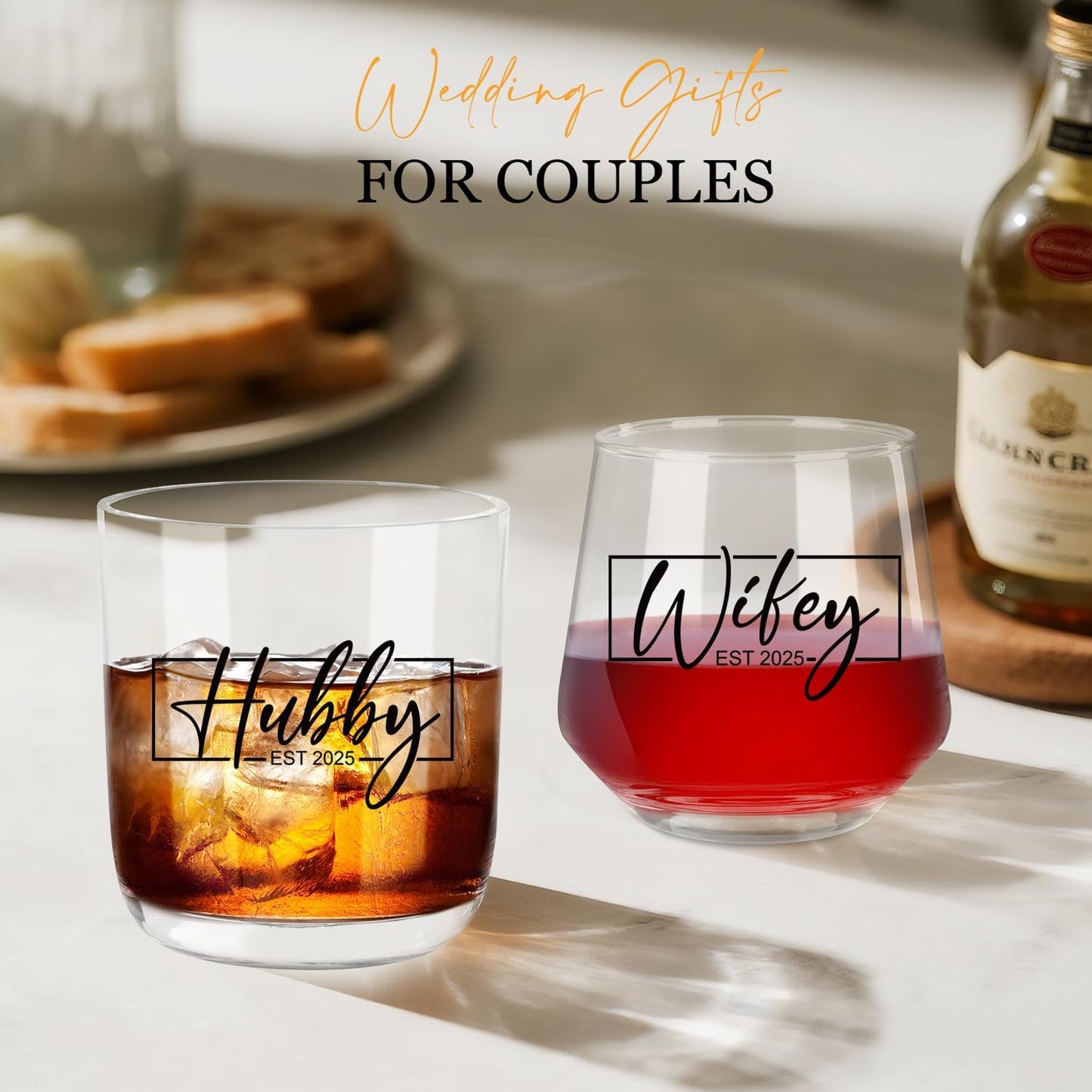 Ithmahco Wedding Gifts for Couples, Hubby & Wifey EST 2025 Wedding Glass Sets, Bridal Shower Gifts for Bride and Groom, Mr and Mrs Gift，Newly-Married Anniversary for Him/Her