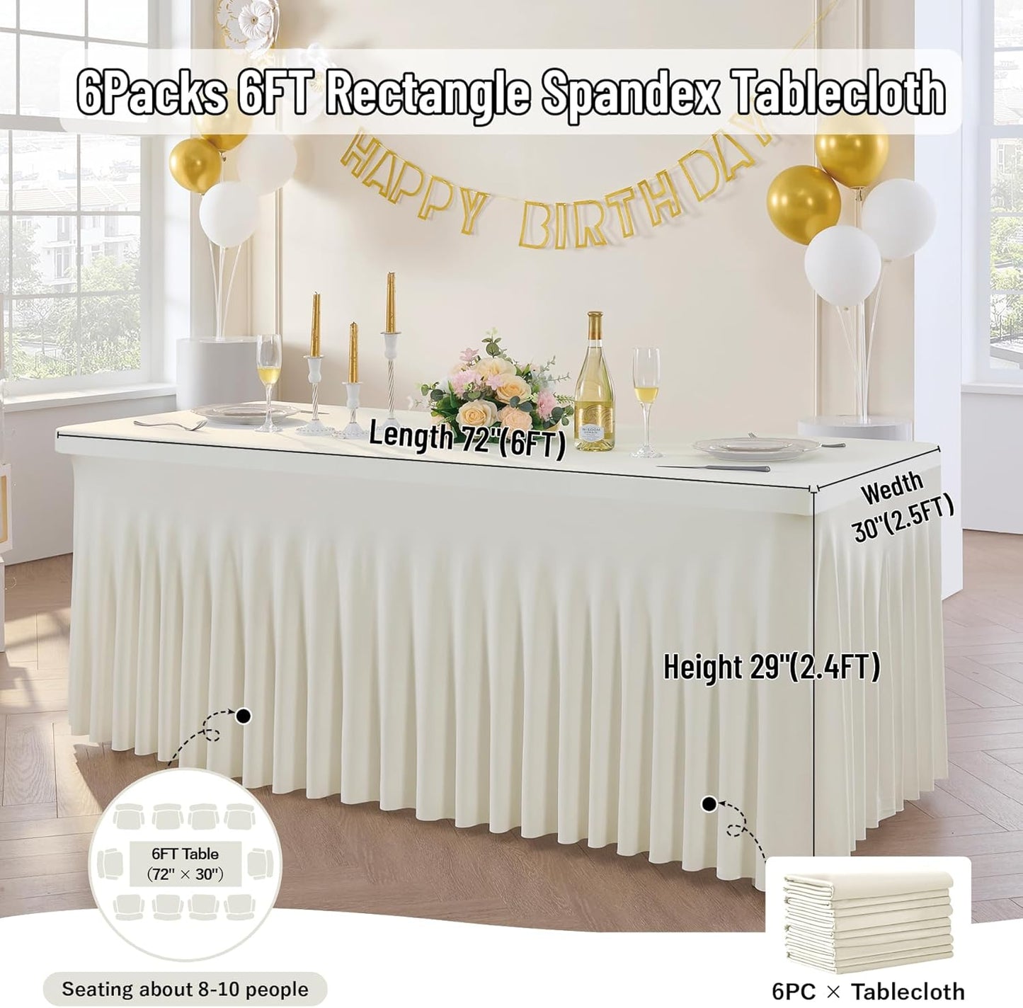 Leegleri 6 Pack Ivory Spandex Table Clothes for 6ft Rectangle Tables, Wrinkle Free Fitted Tablecloths for Parties, Weddings, Banquets, Baby Showers
