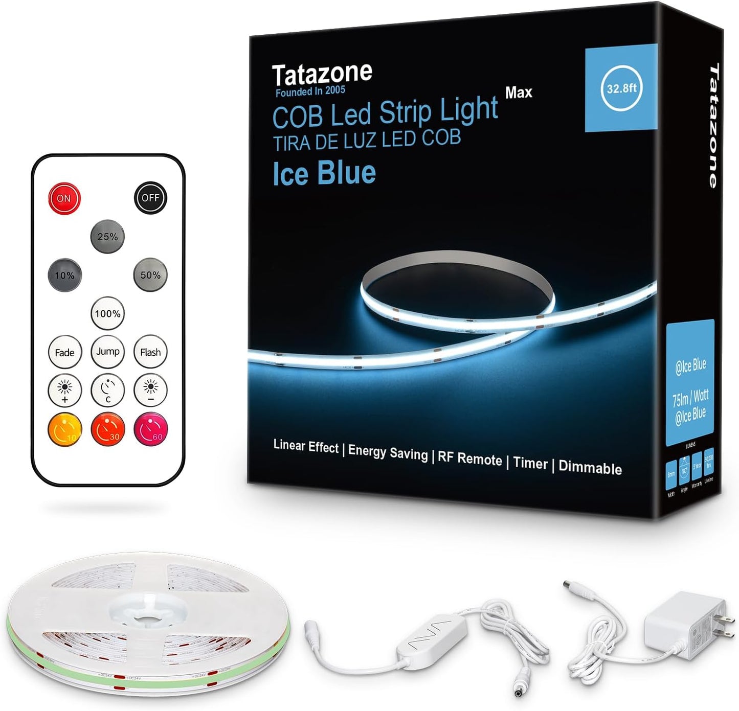 32.8ft Ice Blue COB Led Strip Lights with RF Remote, Dimmable Bright Adhesive Indoor Led COB Light Strip for Cabinet, Painting, Room, Bed