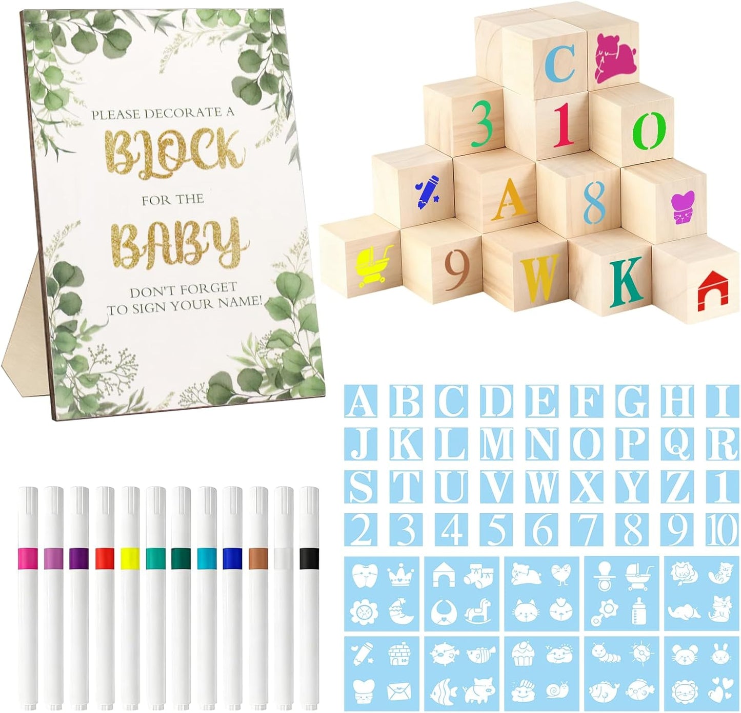 100 Pcs Baby Shower Game Sign Kit Baby Showers Block to Decorate Includes 100 DIY Wooden Blocks 1 Game Sign 12 Colors Pens 76 Templates to Paint Babys Showers Prize for Gender Reveals Party