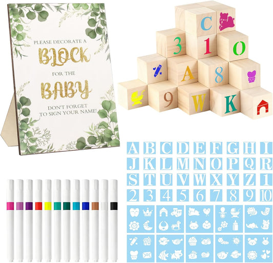 100 Pcs Baby Shower Game Sign Kit Baby Showers Block to Decorate Includes 100 DIY Wooden Blocks 1 Game Sign 12 Colors Pens 76 Templates to Paint Babys Showers Prize for Gender Reveals Party