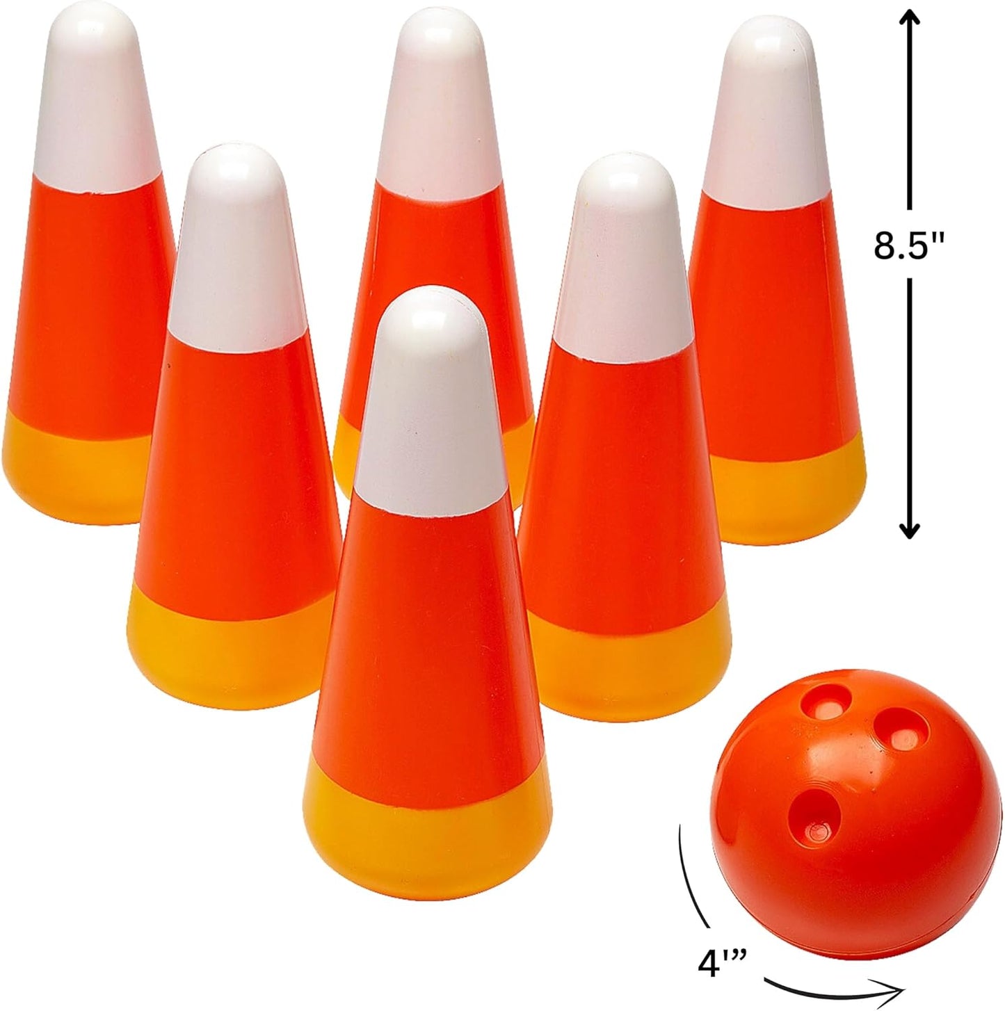Fun Express Halloween Games for Kids Party - Candy Corn Pumpkin Bowling Set with 6 Pins & Ball | Fall Festival Games for Outdoor Trunk or Treat Activities & Carnival Events | Safe Plastic Design