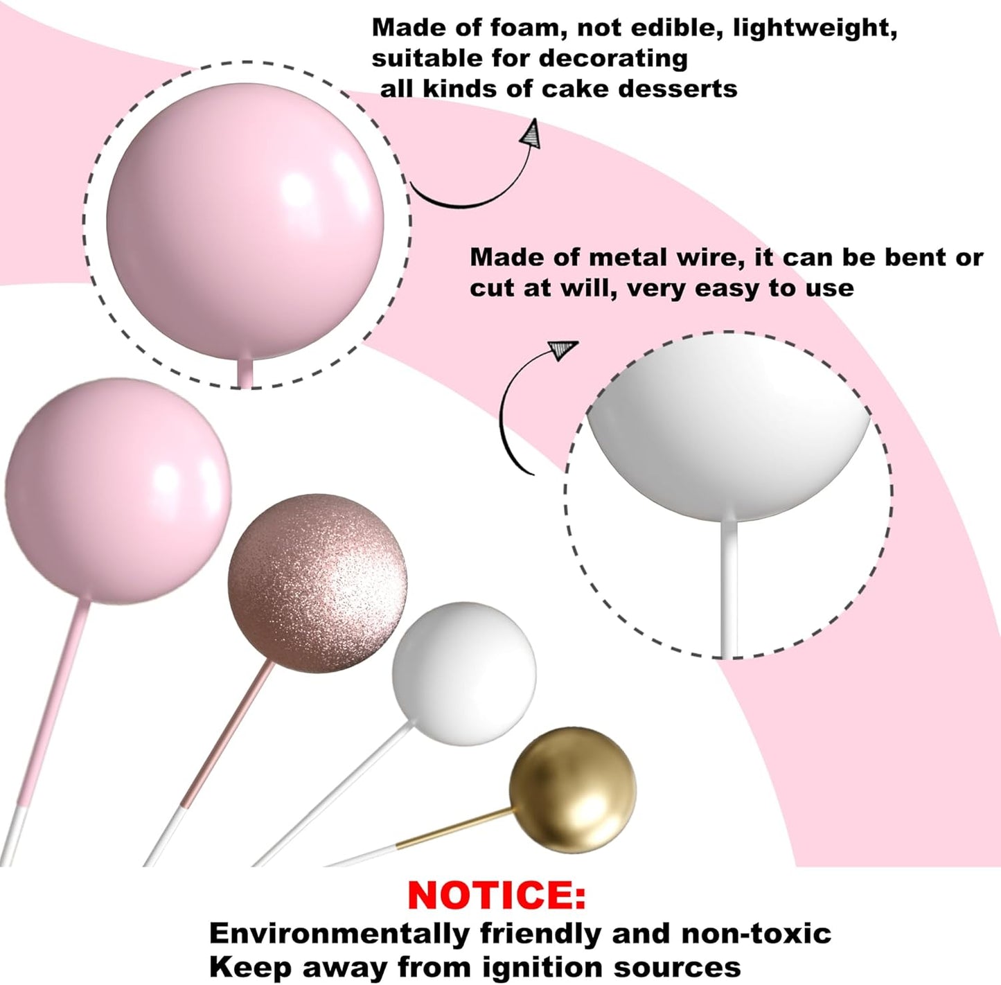 36 Pack Balls Cake Topper Decorations Foam Balloons Cake Decorations Sticks Mini Balloons Cake Toppers Balls Cake Picks for Baby Shower Wedding Anniversary Birthday Party Decorations Pink White Gold