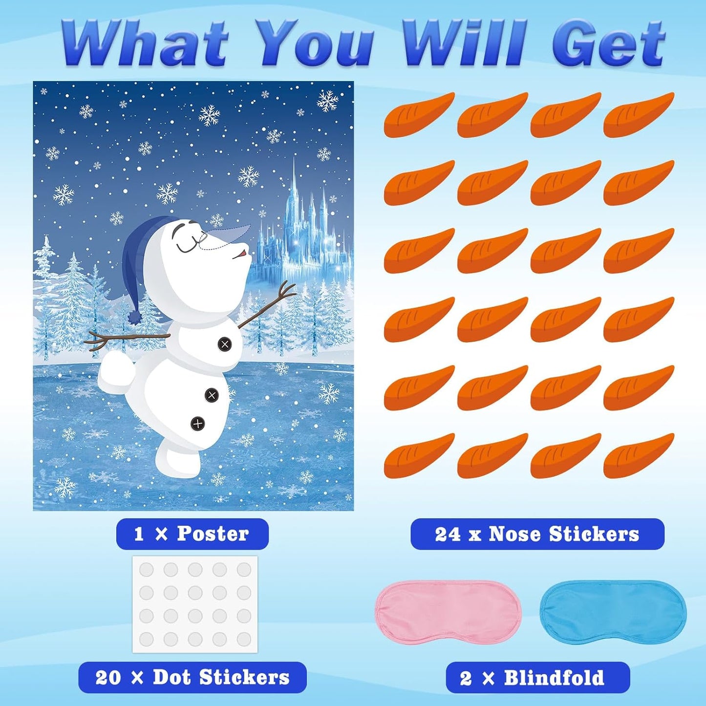 Pin The Nose on The Snowman Party Game with 24 PCS Nose Stickers and Two Eye Mask for Kids Christmas Game 21'' x 28'' (Snowman)