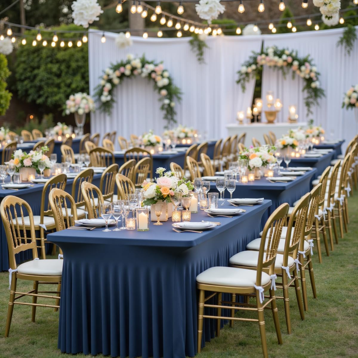 leegleri 6 Pack Navy Blue Spandex Tablecloths for 8 Foot Rectangle Tables, Wrinkle Free Fitted Table Cloths 8ft Stretchy Table Cloth Cover with Skirt for Parties Weddings Birthday Banquet Baby Shower