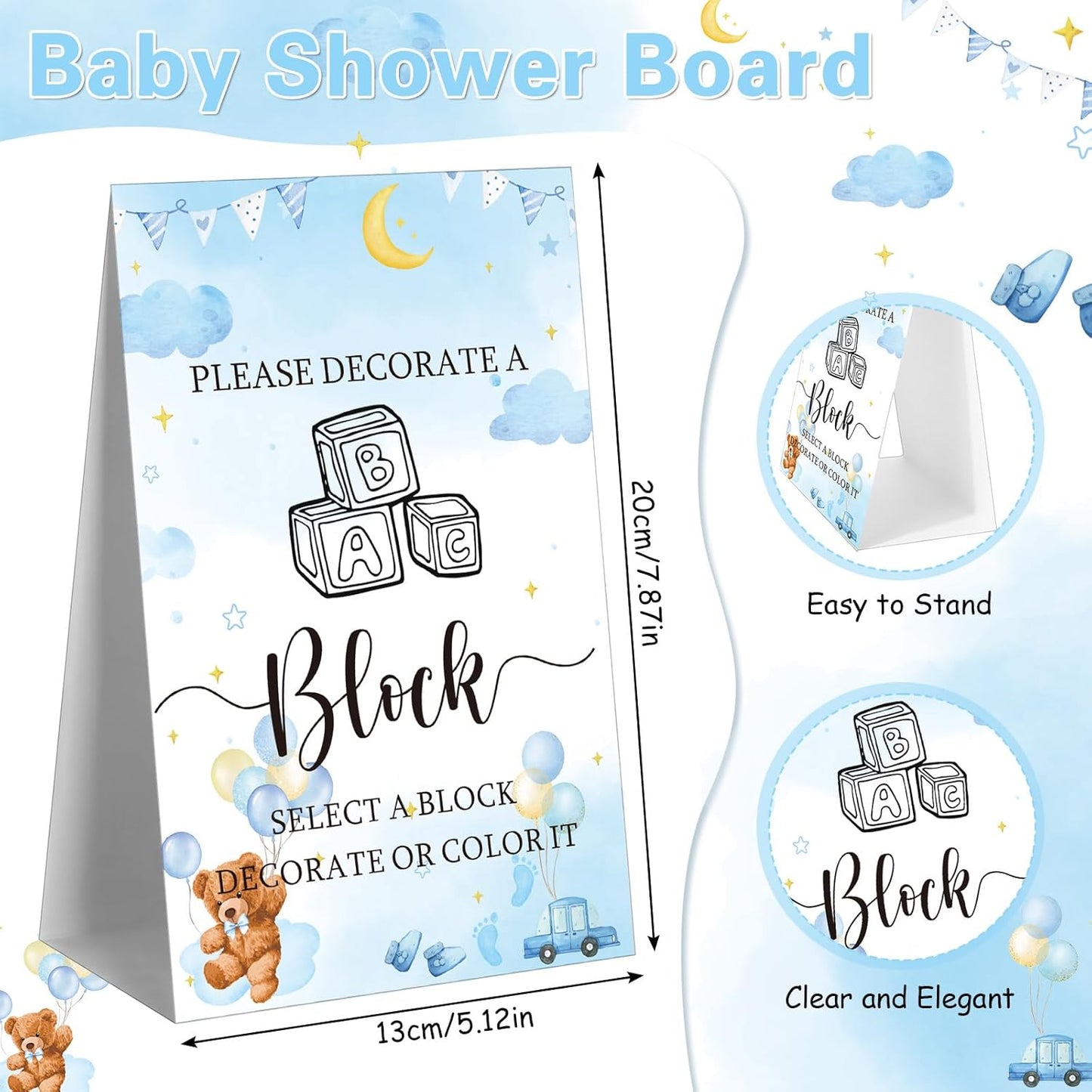 Marsui 136 Pcs Baby Shower Blocks to Decorate Game Kit Includes 98 Wooden Blocks, 36 Markers, 1 Game Sign, 1 Storage Box for Baby Shower Gender Reveal Activity Party Decorations(Blue Bear)