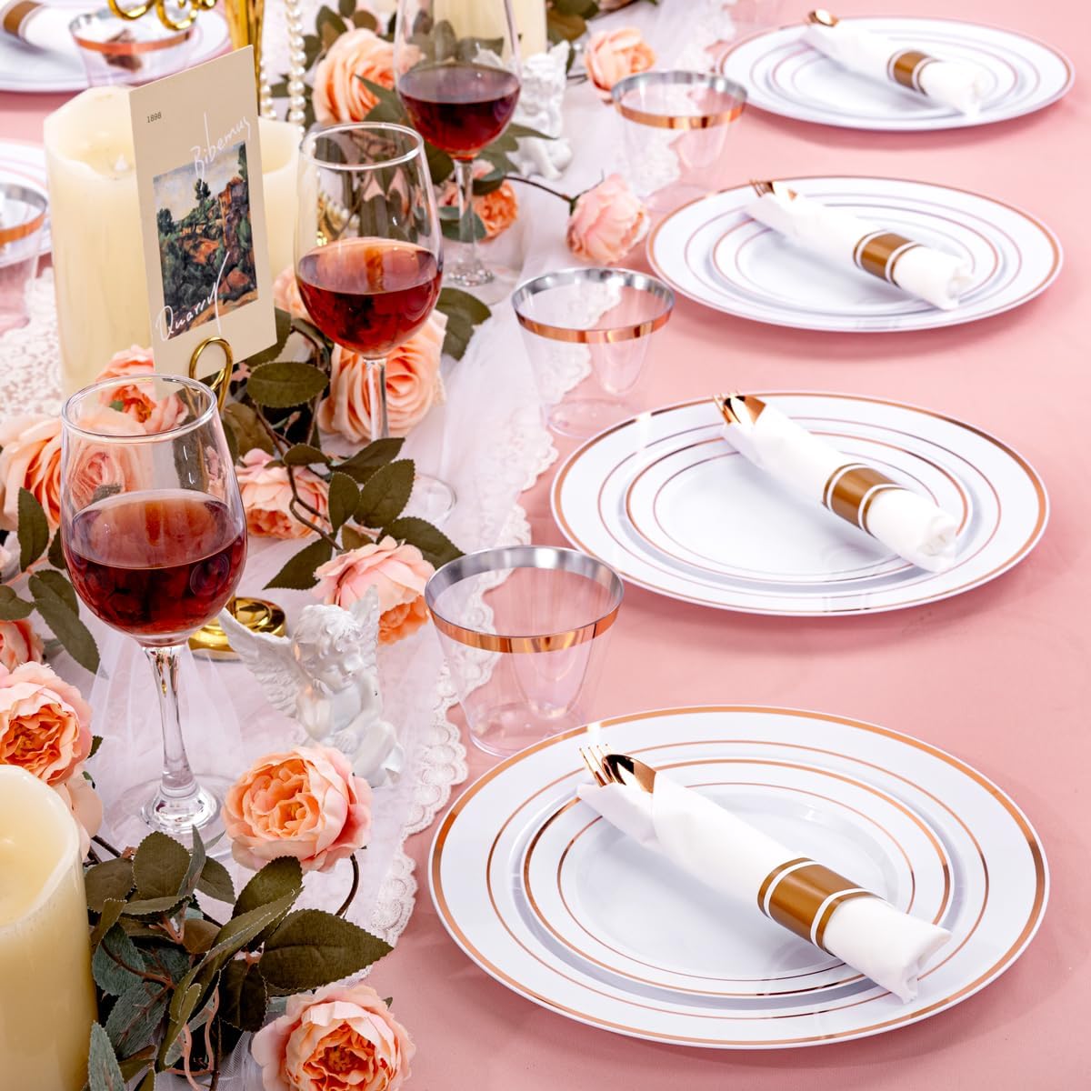 DaYammi 210PCS Rose Gold Plastic Dinnerware Set for 30 Guests, Valentine's Day Plates for Party, Include: 30 Dinner Plates, 30 Dessert Platos, 30 Pre Rolled Napkins with Rose Gold Silverware, 30 Cups