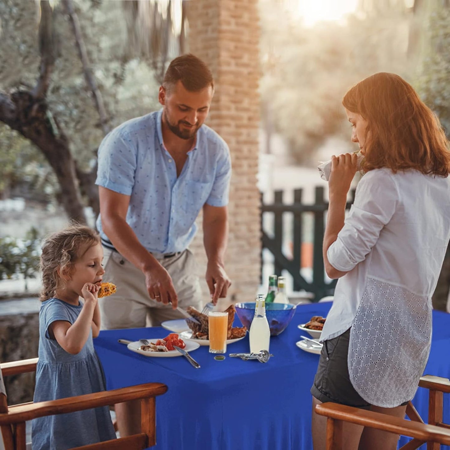 Table Skirts for Rectangle Tables 8ft - 2 Pack One-Piece Royal Blue Tablecloths and Skirt, Wrinkle Resistant Ruffles Elastic Cover for Banquets, Weddings, Events, Parties