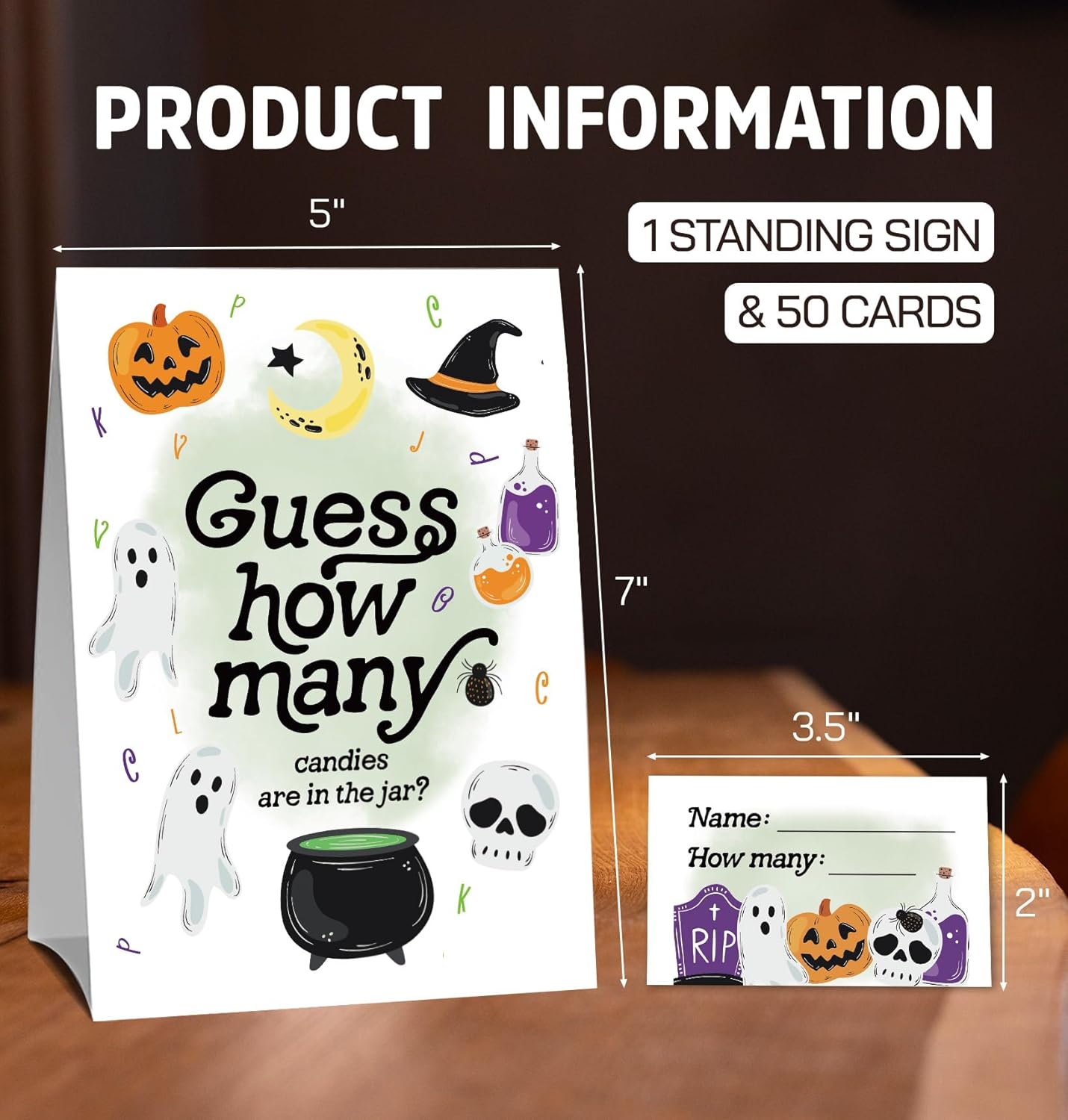 Halloween Guess How Many Party Games for Adults and Family,Halloween Raffle Cards Kits (1 Standing Sign & 50 Guessing Cards),Backyard Indoor Outdoor Guessing Activities for Birthday Party-6