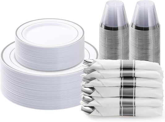 BESTVIP 175PCS Silver Plastic Dinnerware Set, Disposable Party Plates for 25 Guests, Include: 50 Plastic Plates, 25 Pre Rolled Napkins with Silver Silverware, 25 Cups for Christmas, Halloween