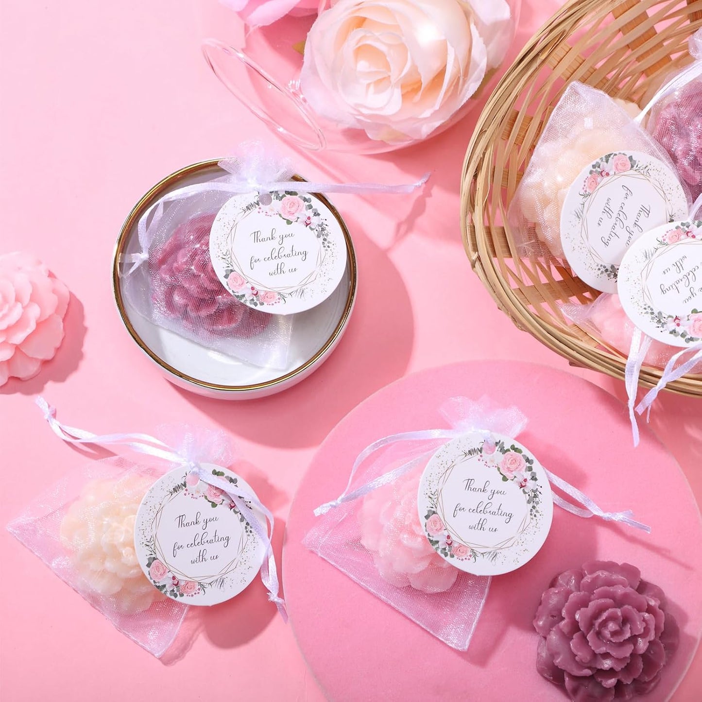 Demissle 24 Set Flower Mini Soaps for Guests Flower Soap Wedding Handmade Gift Favors Fancy Decorative with Thank You Tags for Wedding Bridal Guest Gift Party Favor(Rose)