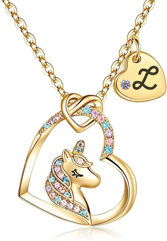 Unicorn Necklace for Girls Kids with Personalized Initial Heart Pendant, 18K Gold Fashion Jewelry for Girls, Colorful Heart Necklace for Birthday Gifts.