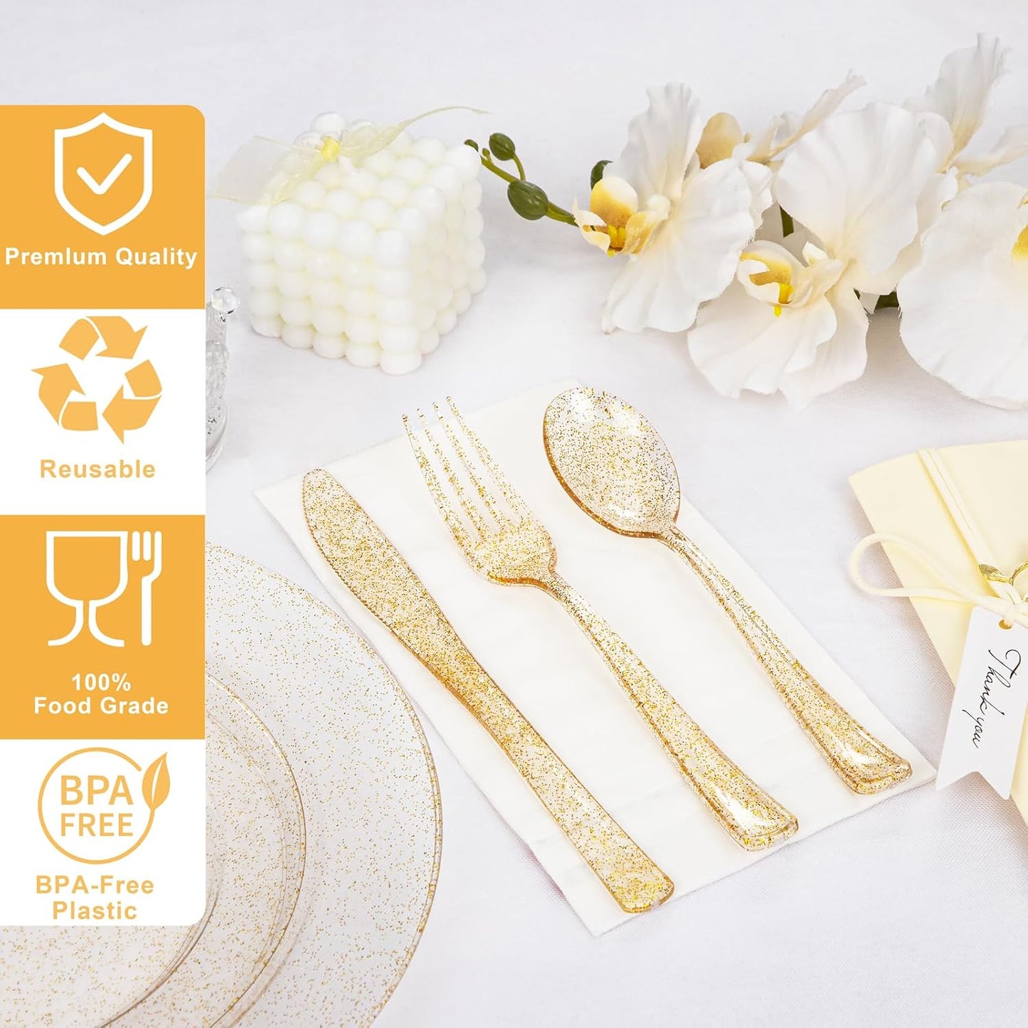 I00000 600Pcs Gold Glitter Plastic Plates for 100 Guests, Plastic Dinnerware Set of 100 Glitter Disposable Plates, 100 Dessert Plates, 200 Forks, 100 Knives and 100 Spoons Perfect for Party & Wedding